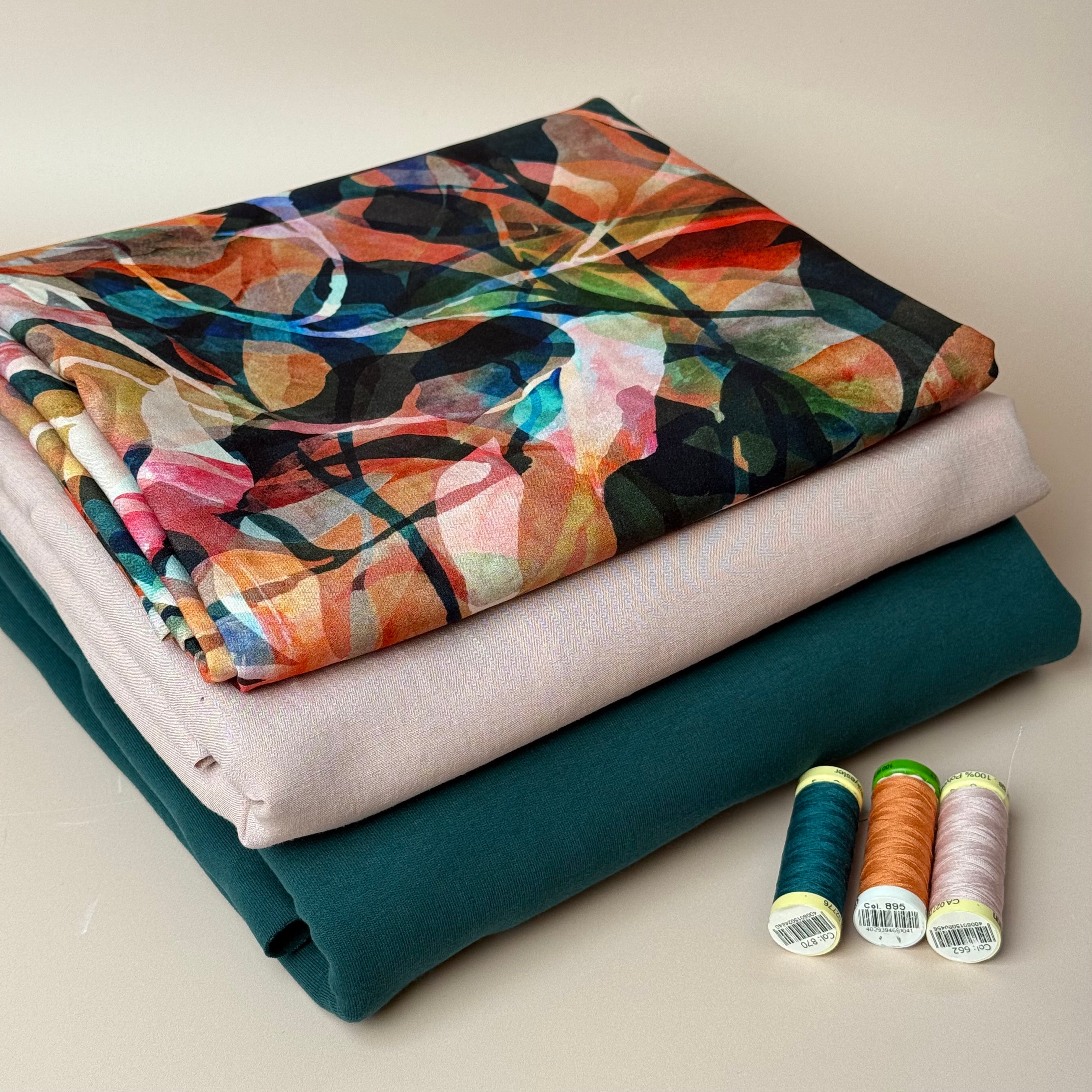 Make an Outfit Colour Bundle - Painted Foliage Sunset Viscose, Linen Crepe and Sweatshirting with Ribbing