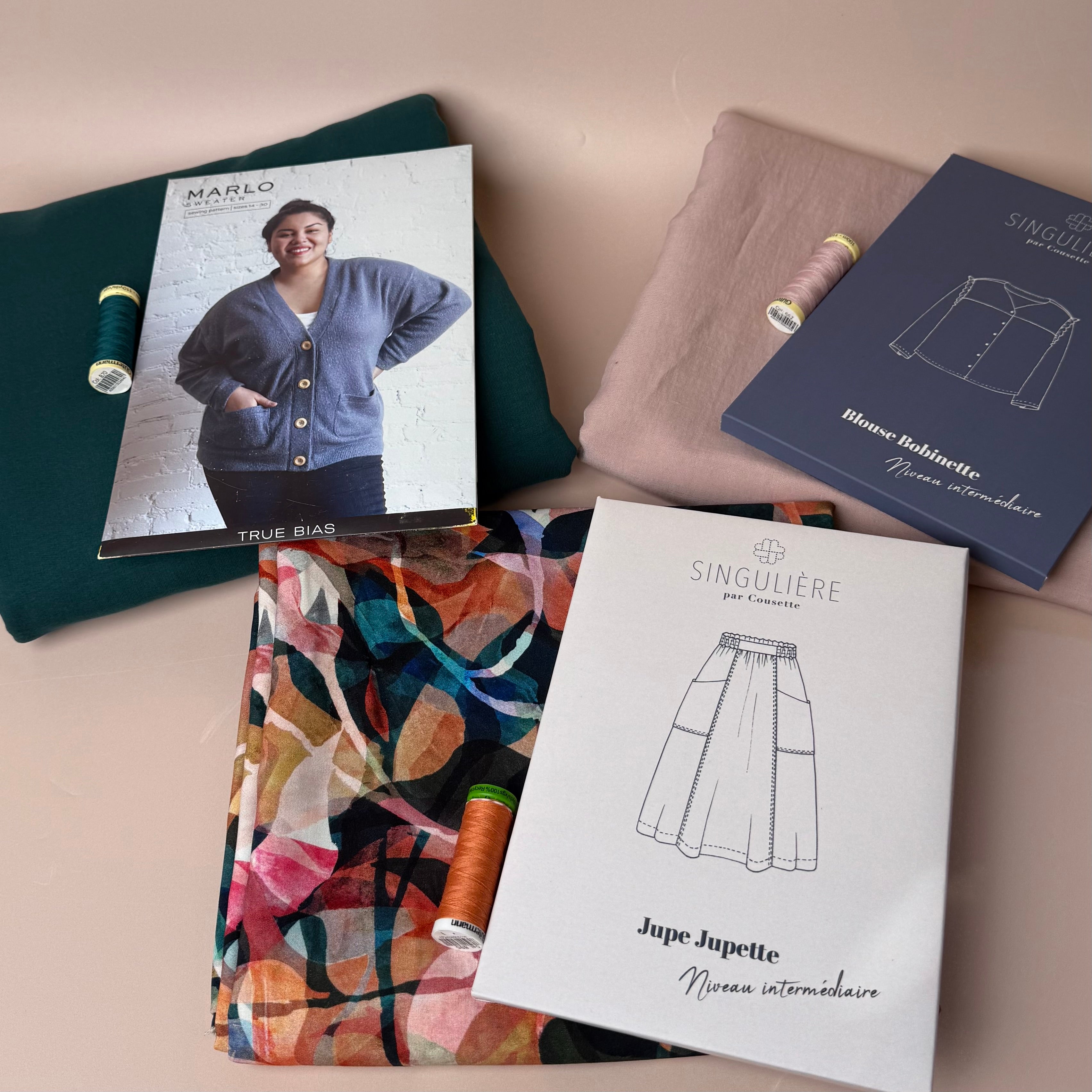 Make an Outfit Colour Bundle - Painted Foliage Sunset Viscose, Linen Crepe and Sweatshirting with Ribbing