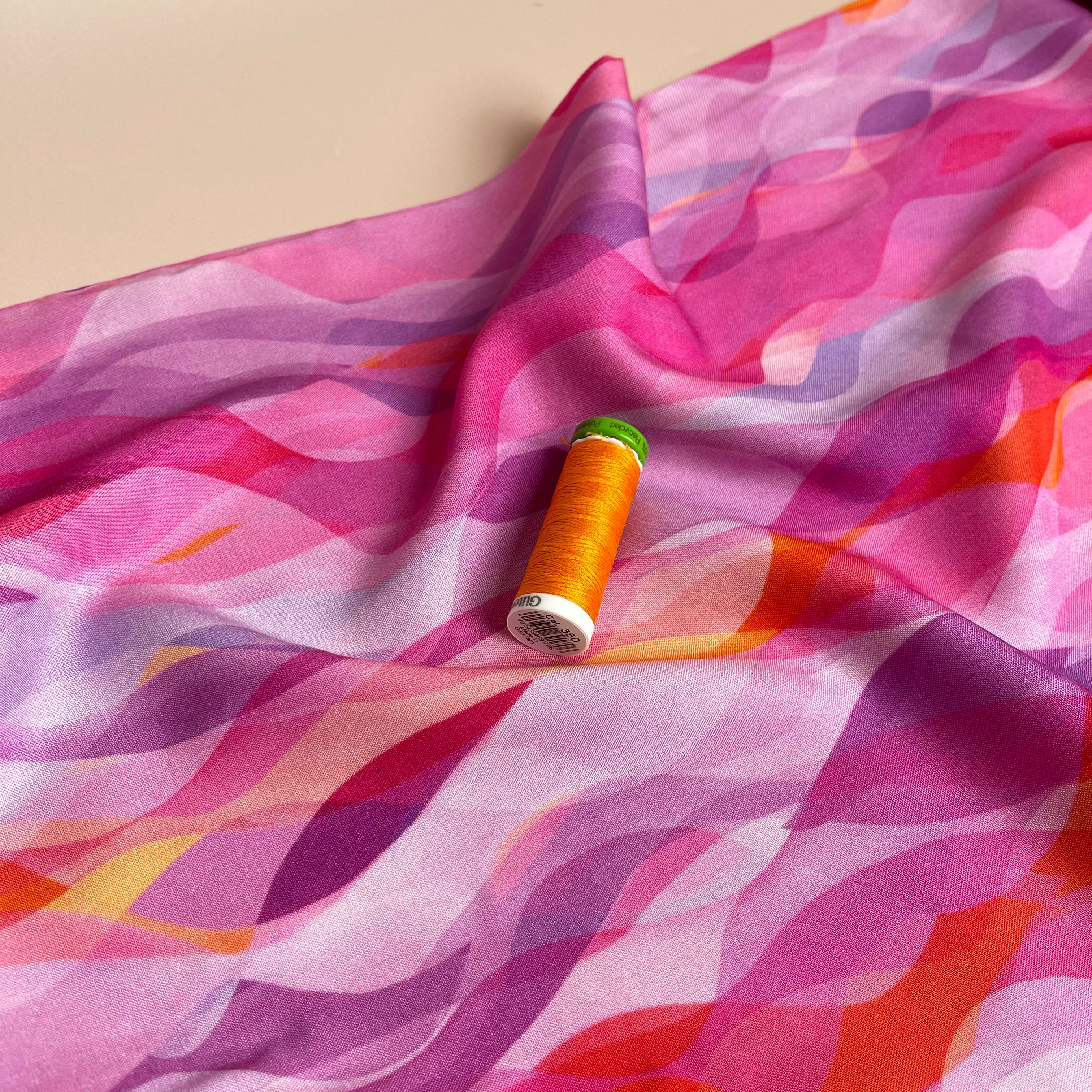 REMNANT 2.32 Metres with Fault (small white dot in print) - Chroma Rose Waves Rayon Fabric