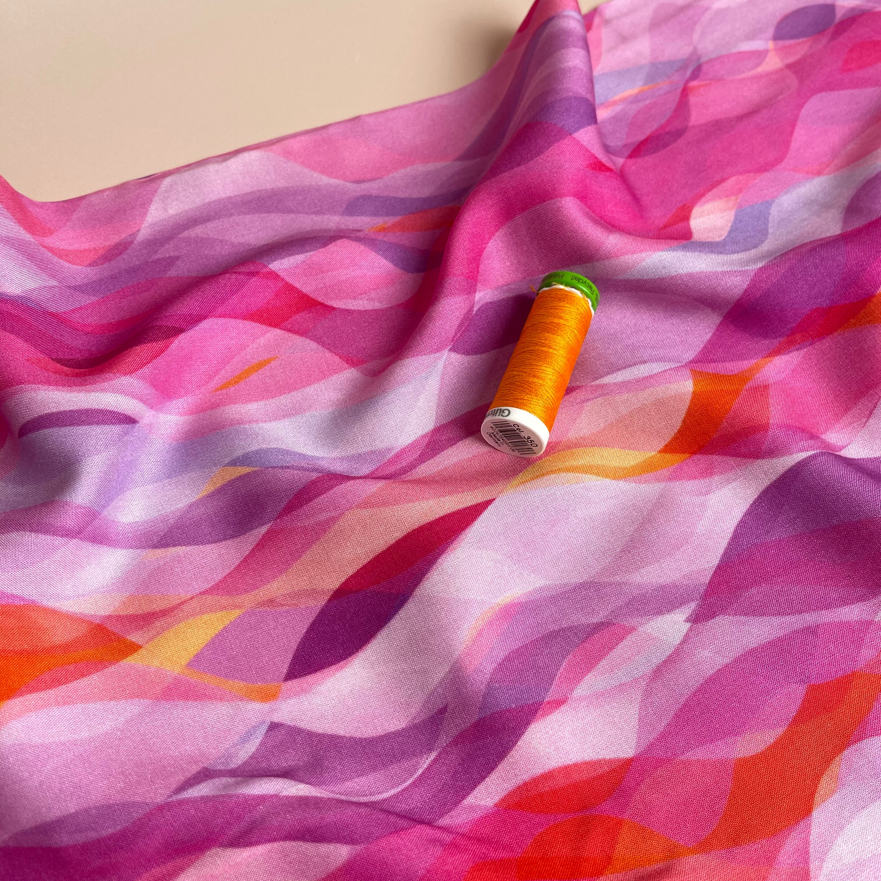 REMNANT 2.32 Metres with Fault (small white dot in print) - Chroma Rose Waves Rayon Fabric