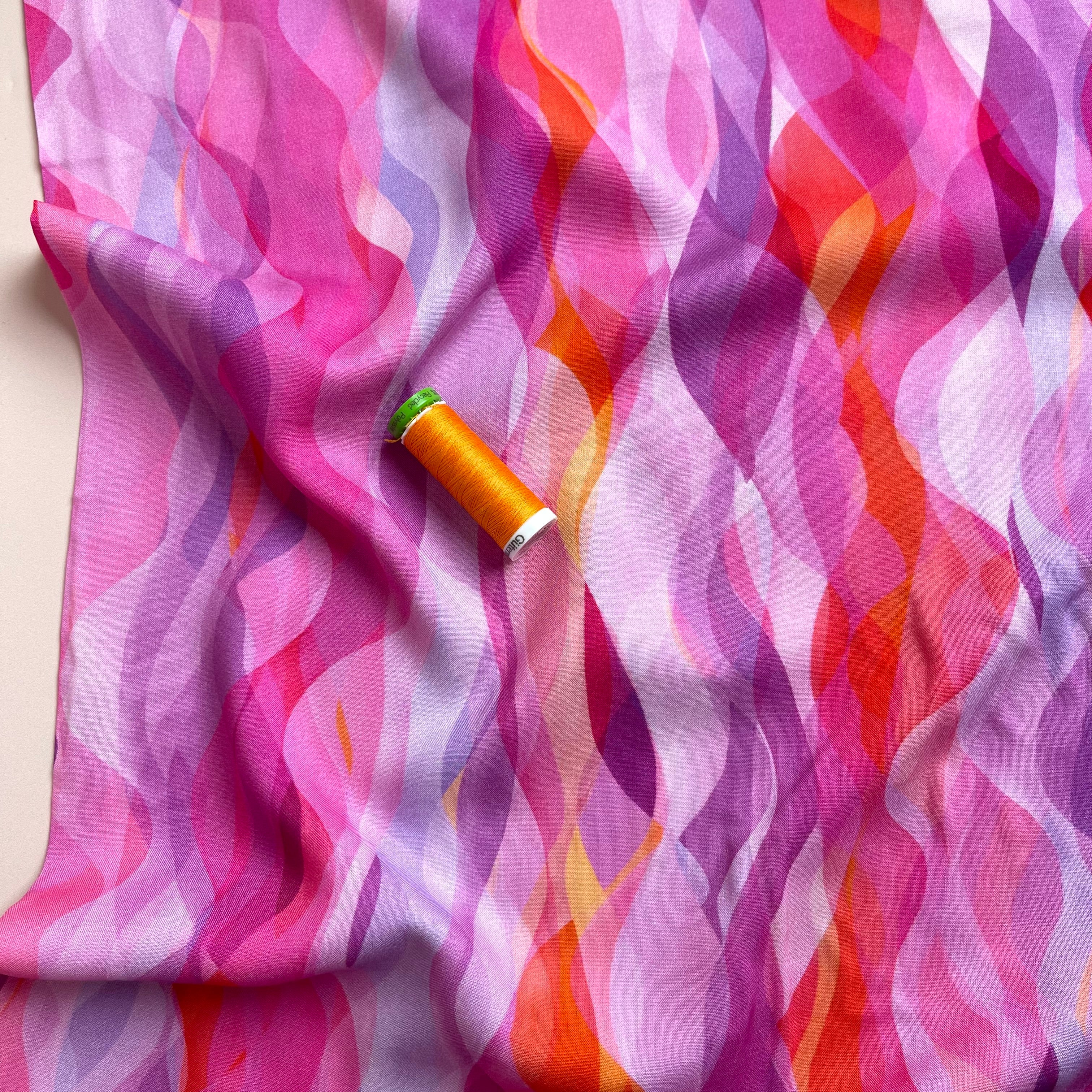 REMNANT 2.32 Metres with Fault (small white dot in print) - Chroma Rose Waves Rayon Fabric