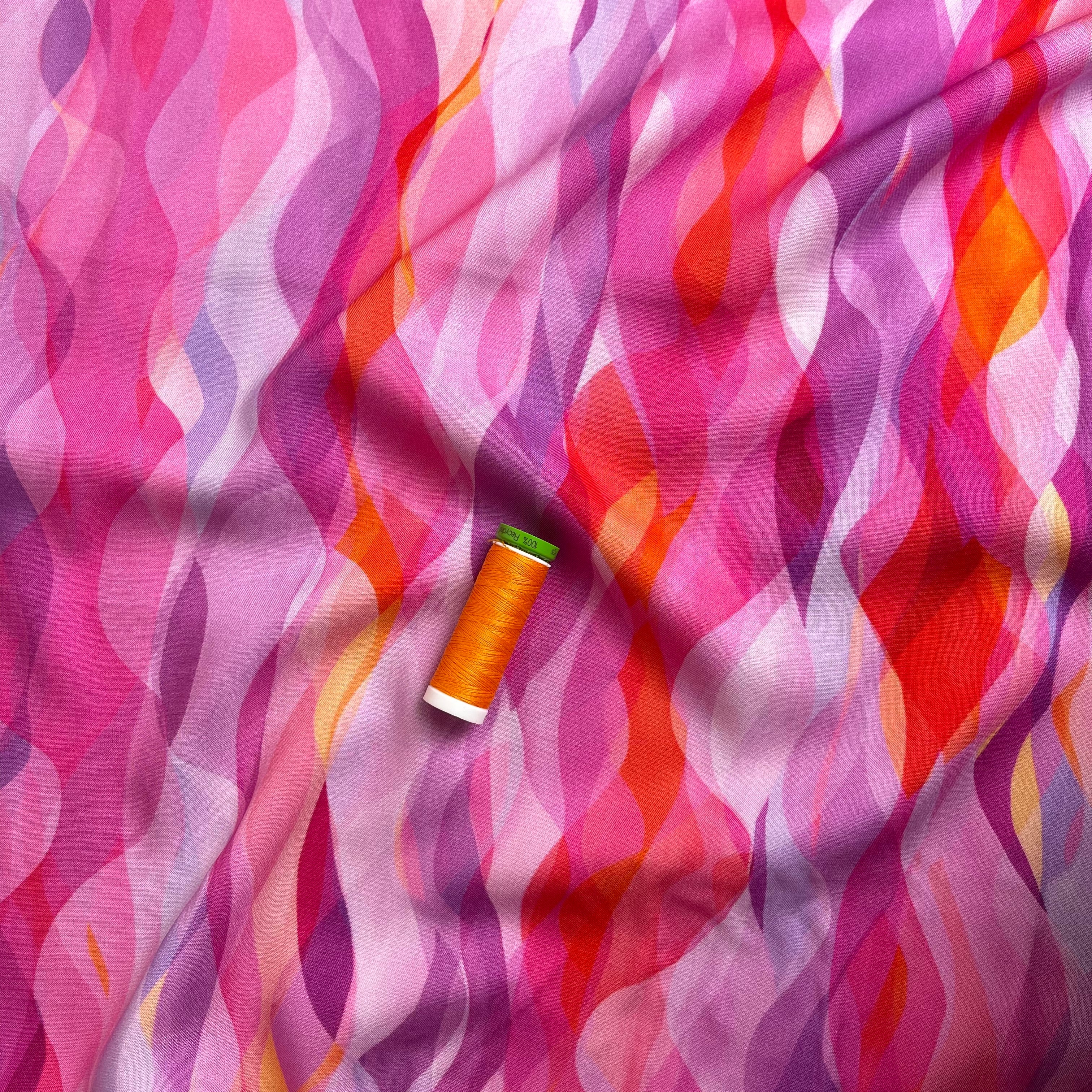 REMNANT 2.32 Metres with Fault (small white dot in print) - Chroma Rose Waves Rayon Fabric