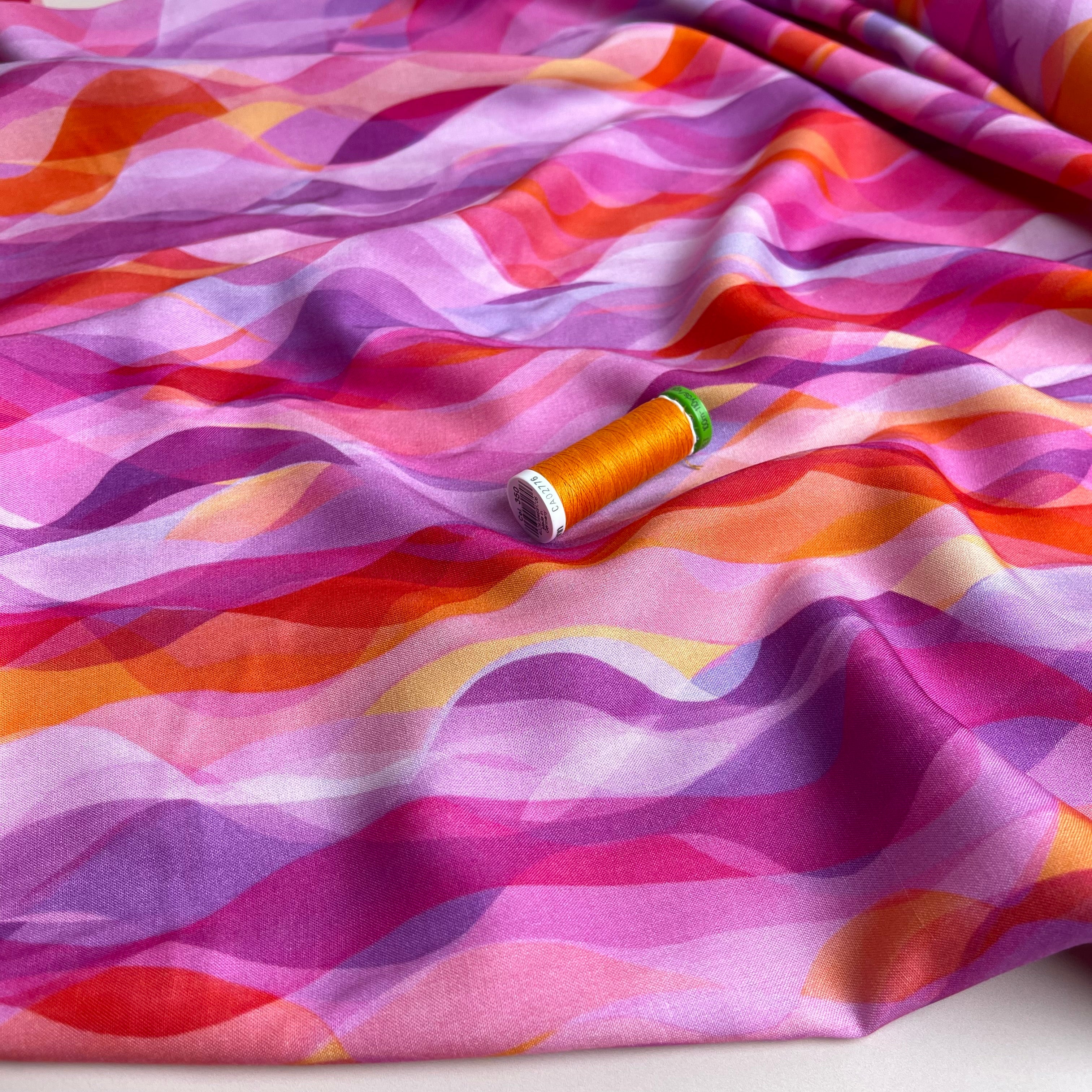 REMNANT 2.32 Metres with Fault (small white dot in print) - Chroma Rose Waves Rayon Fabric