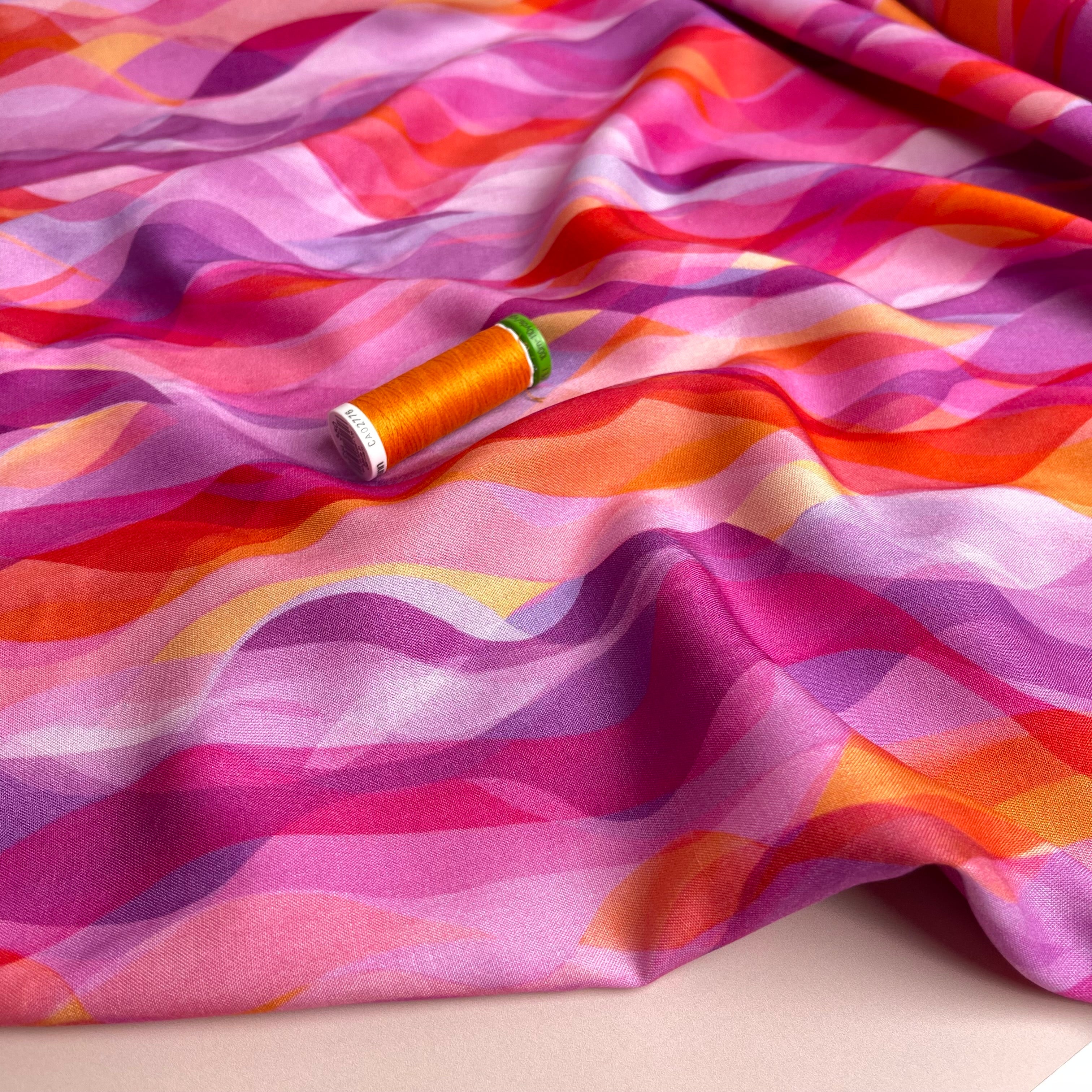 REMNANT 2.32 Metres with Fault (small white dot in print) - Chroma Rose Waves Rayon Fabric
