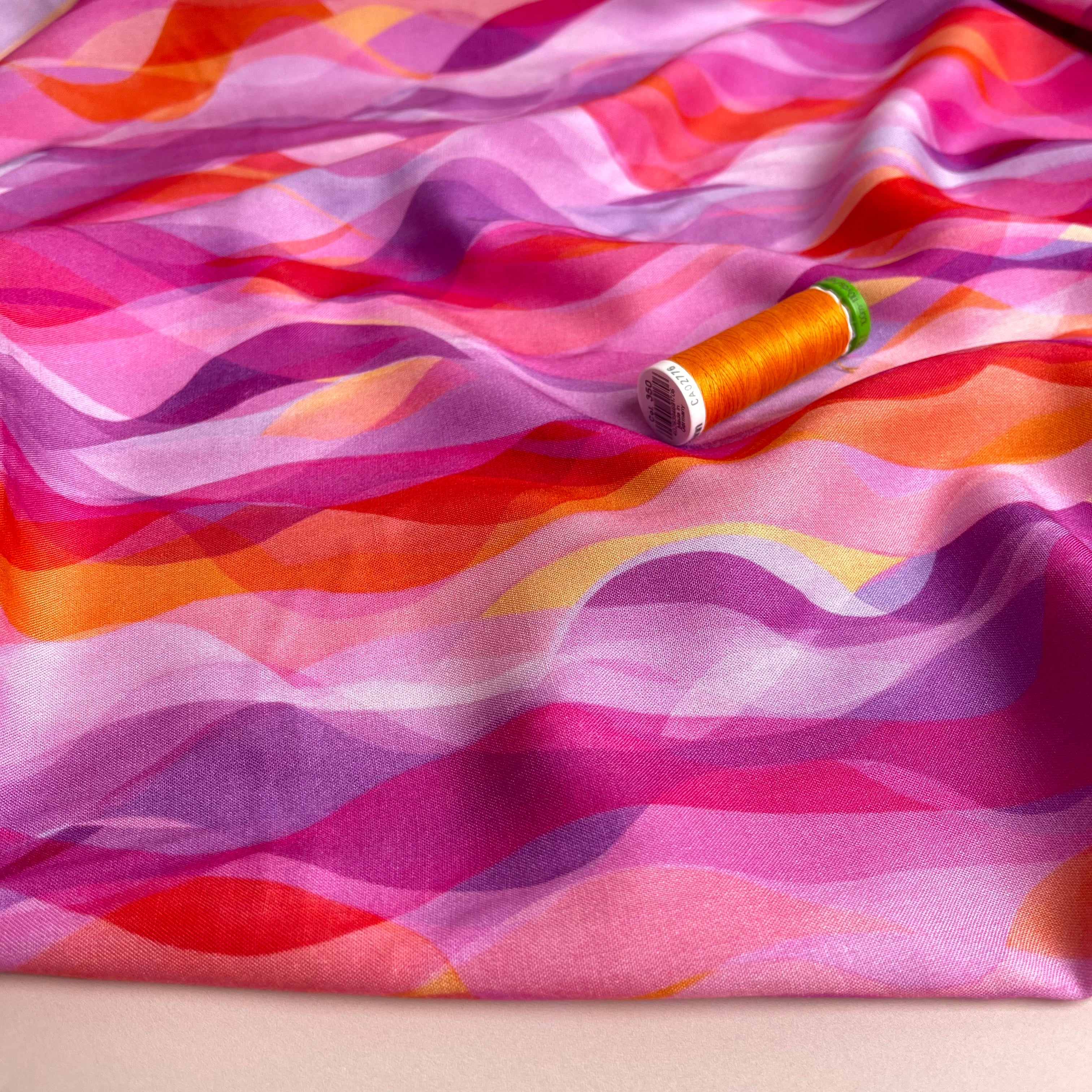 REMNANT 2.32 Metres with Fault (small white dot in print) - Chroma Rose Waves Rayon Fabric