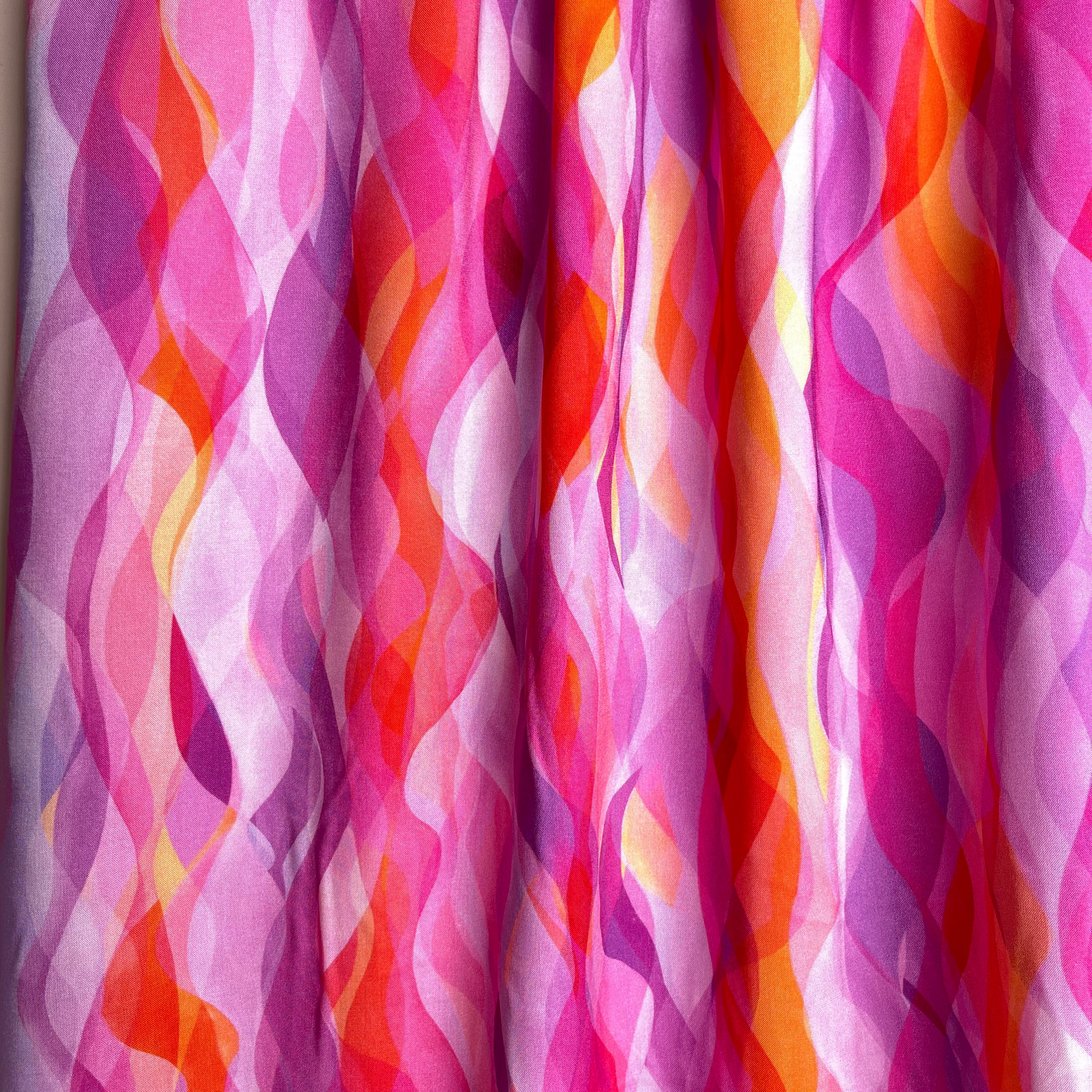 REMNANT 2.32 Metres with Fault (small white dot in print) - Chroma Rose Waves Rayon Fabric