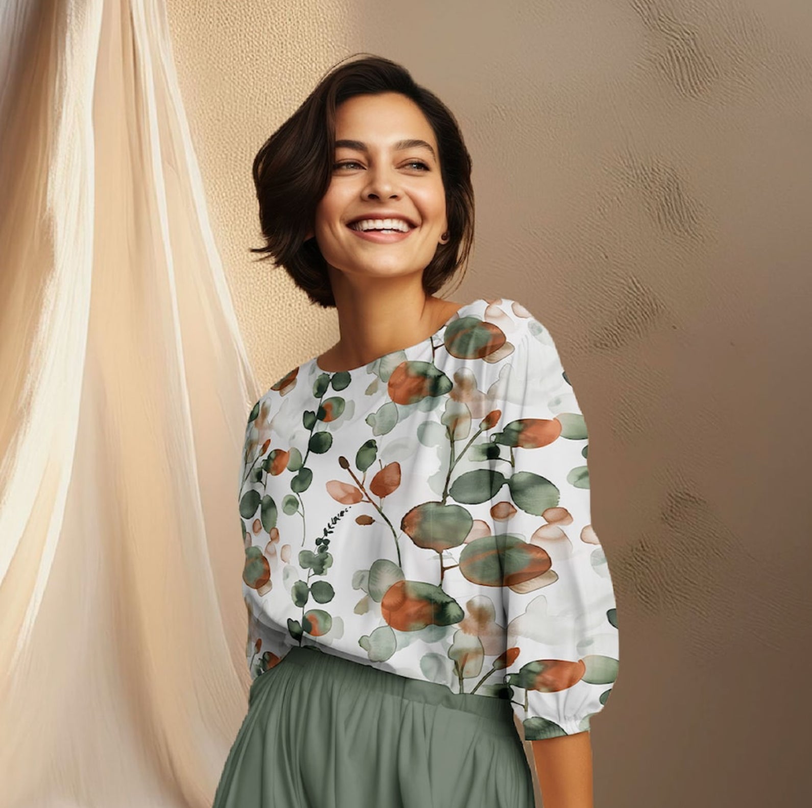 Light & Lush - Eucalyptus Leaves Green & Rust Viscose Twill Fabric