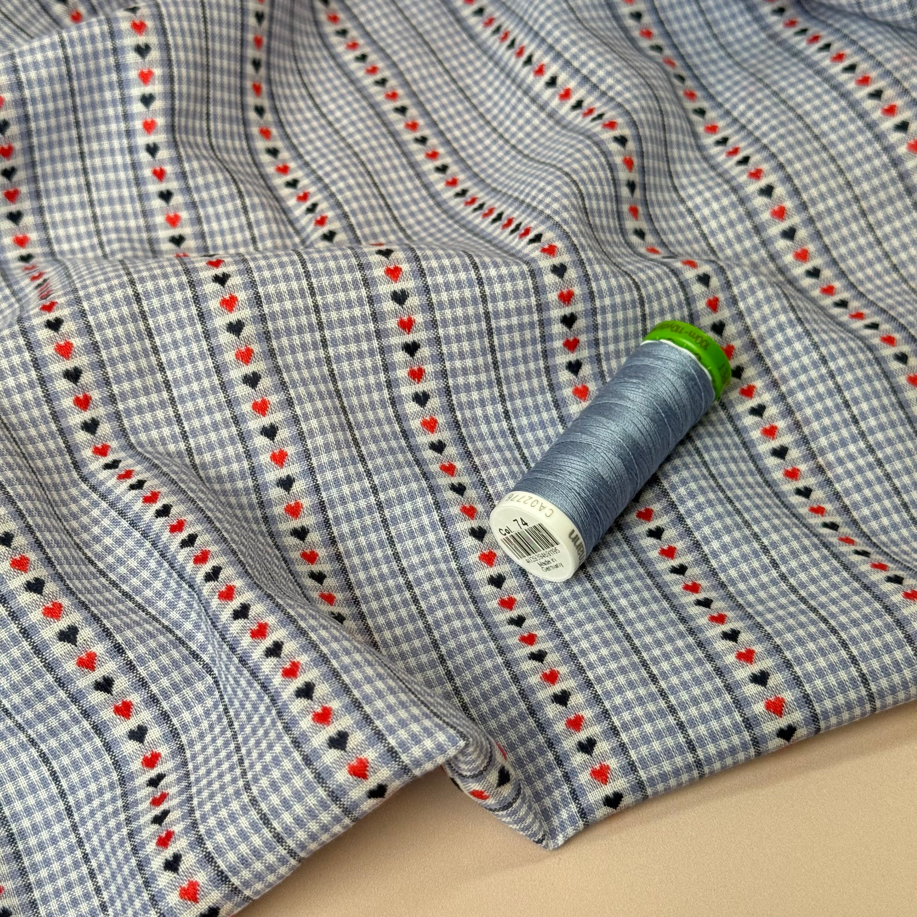 Sewing Kit - Cousette Castagnette Blouse in Light Blue with Hearts Gingham Cotton Jacquard