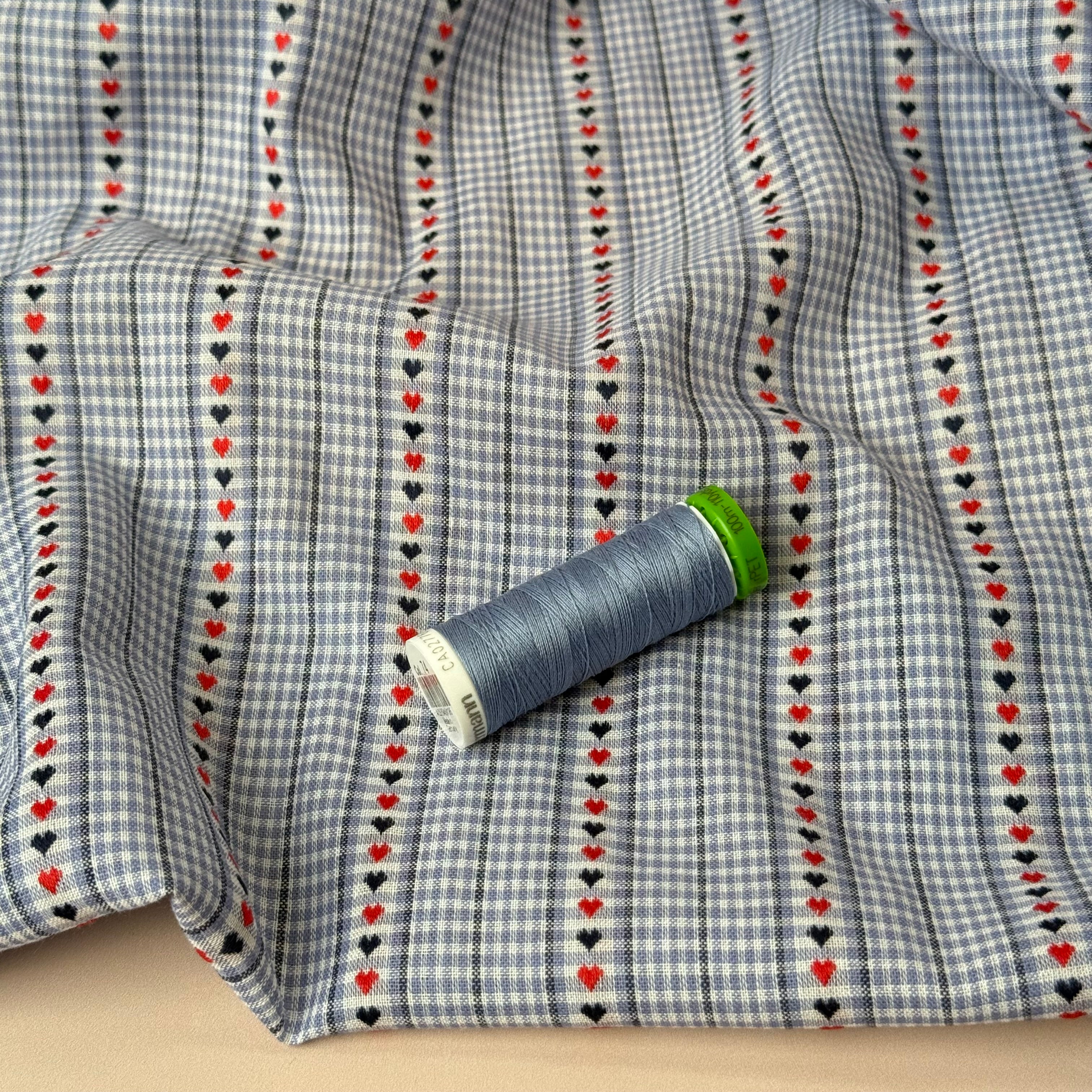 Hearts on Blue Gingham Yarn Dyed Cotton Jacquard