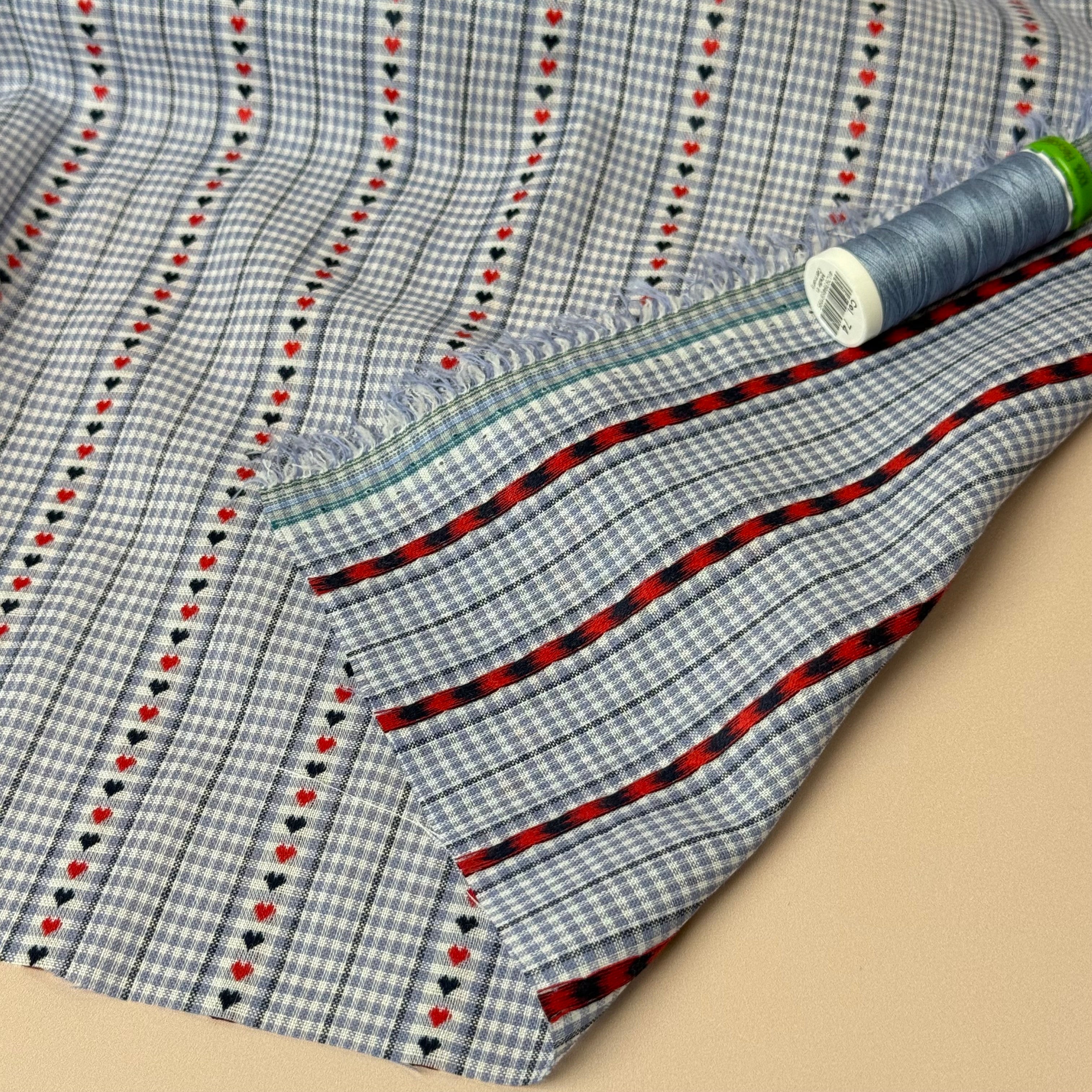 Sewing Kit - Cousette Castagnette Blouse in Light Blue with Hearts Gingham Cotton Jacquard