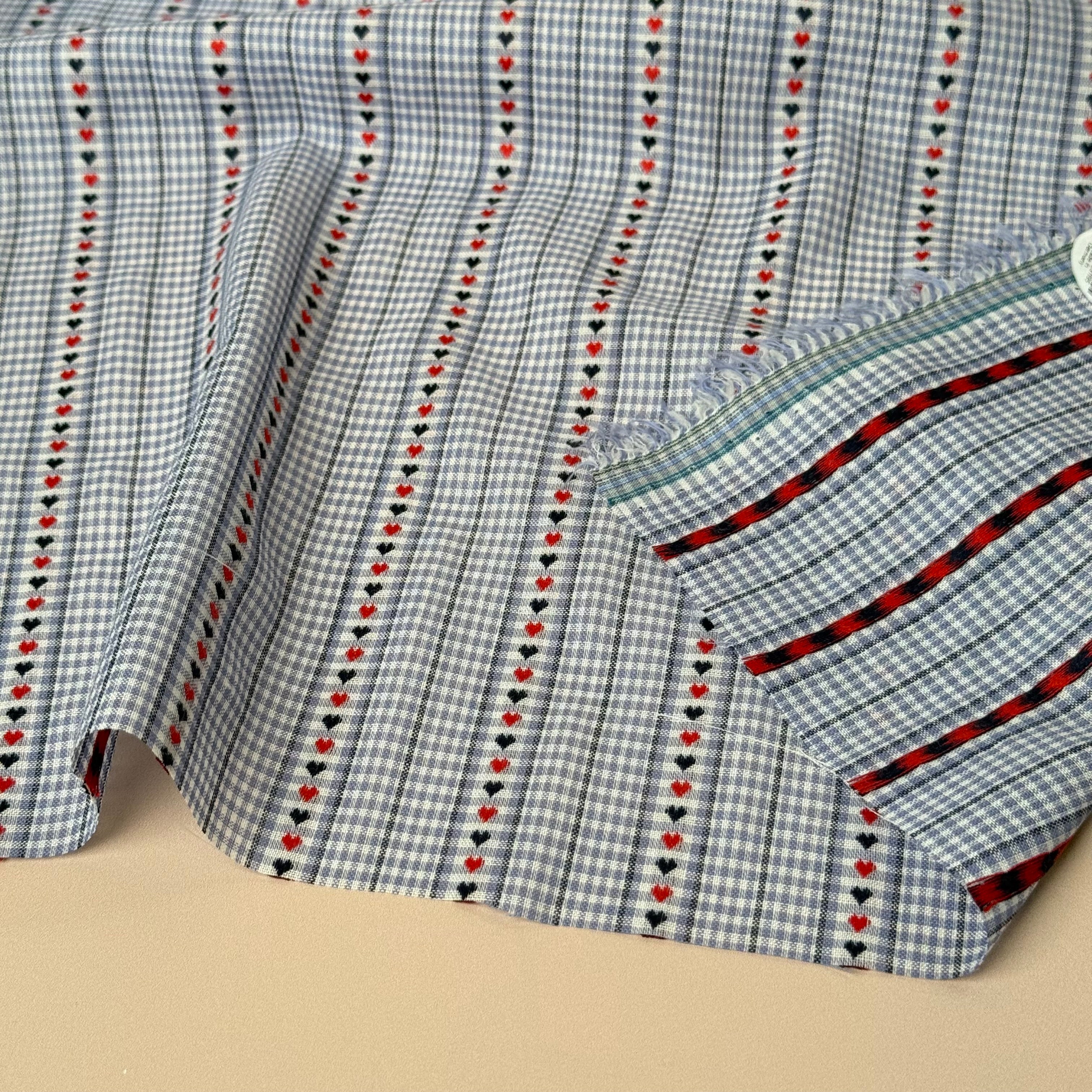 Hearts on Blue Gingham Yarn Dyed Cotton Jacquard