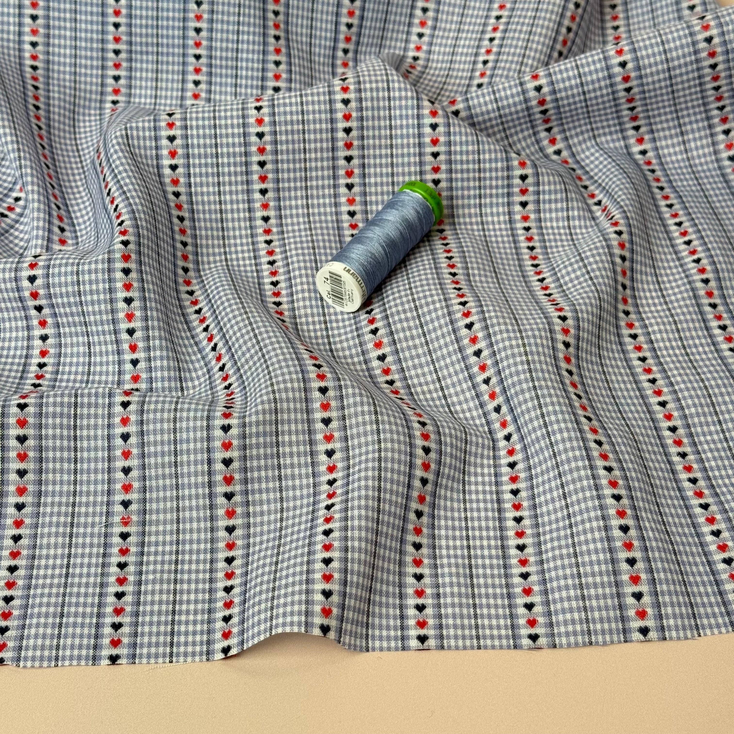Hearts on Blue Gingham Yarn Dyed Cotton Jacquard