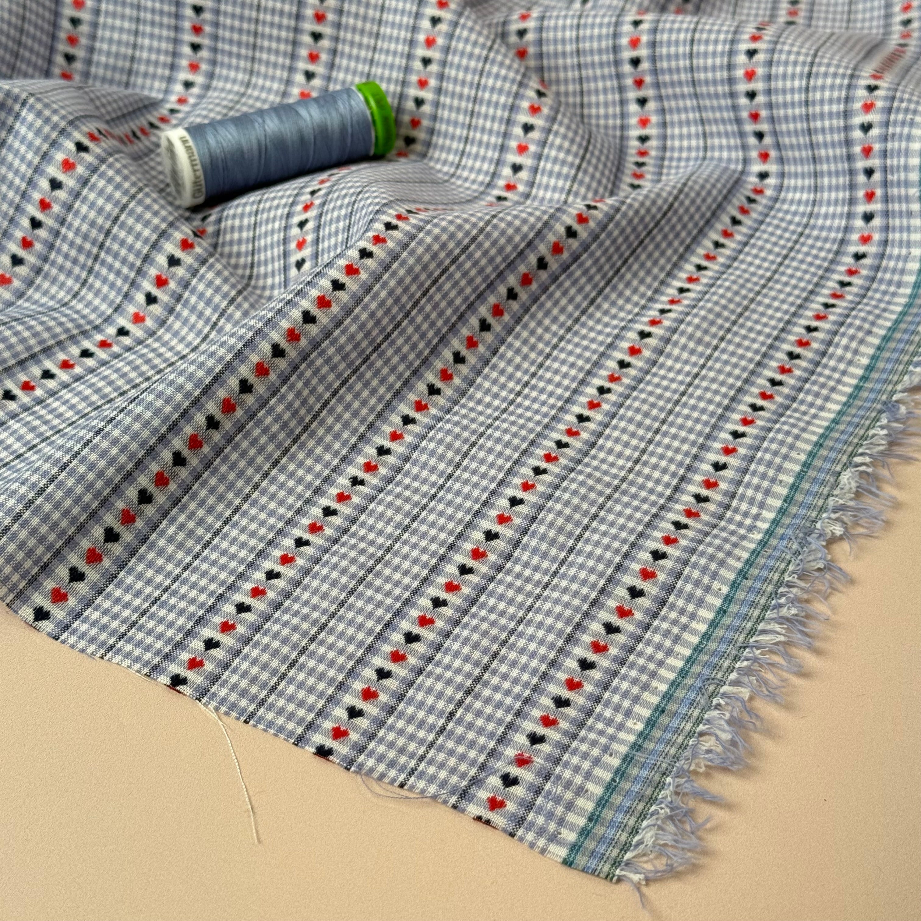 Sewing Kit - Cousette Castagnette Blouse in Light Blue with Hearts Gingham Cotton Jacquard