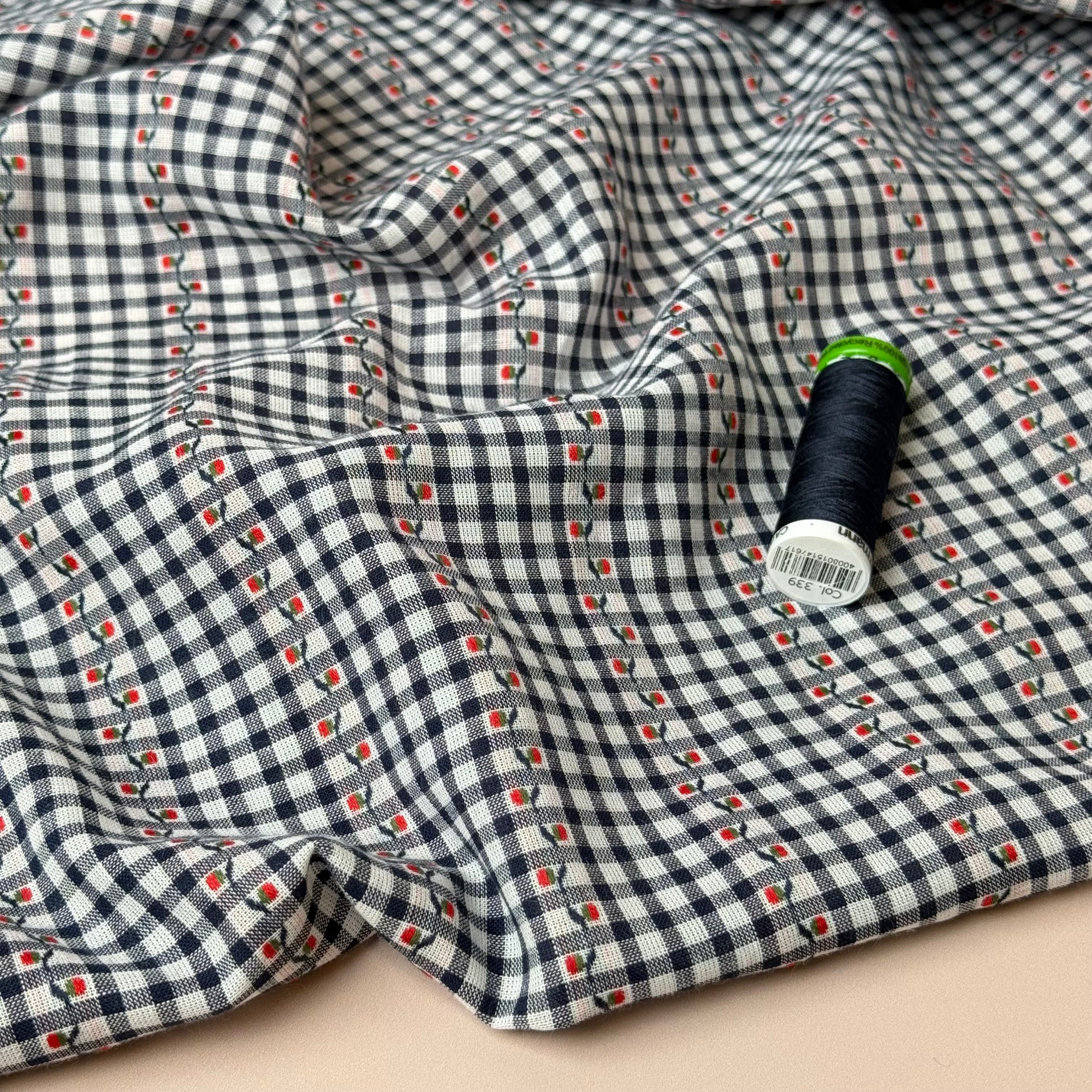 Flowers on Dark Navy Gingham Yarn Dyed Cotton Jacquard