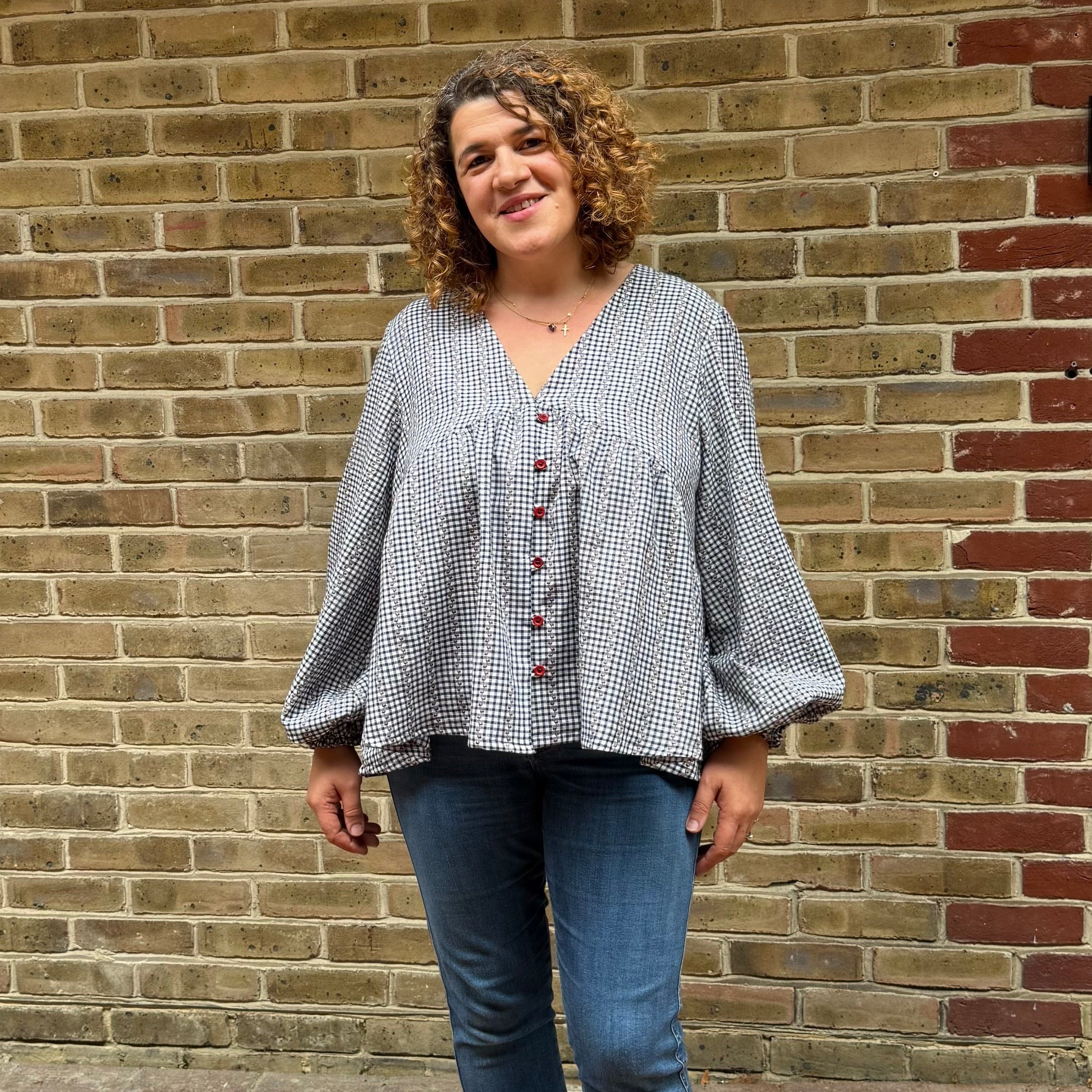 Sewing Kit - Cousette Castagnette Blouse in Light Blue with Hearts Gingham Cotton Jacquard