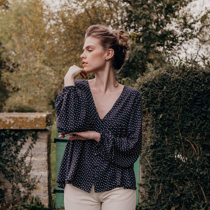 Sewing Kit - Cousette Castagnette Blouse in Navy Gingham Cotton Jacquard