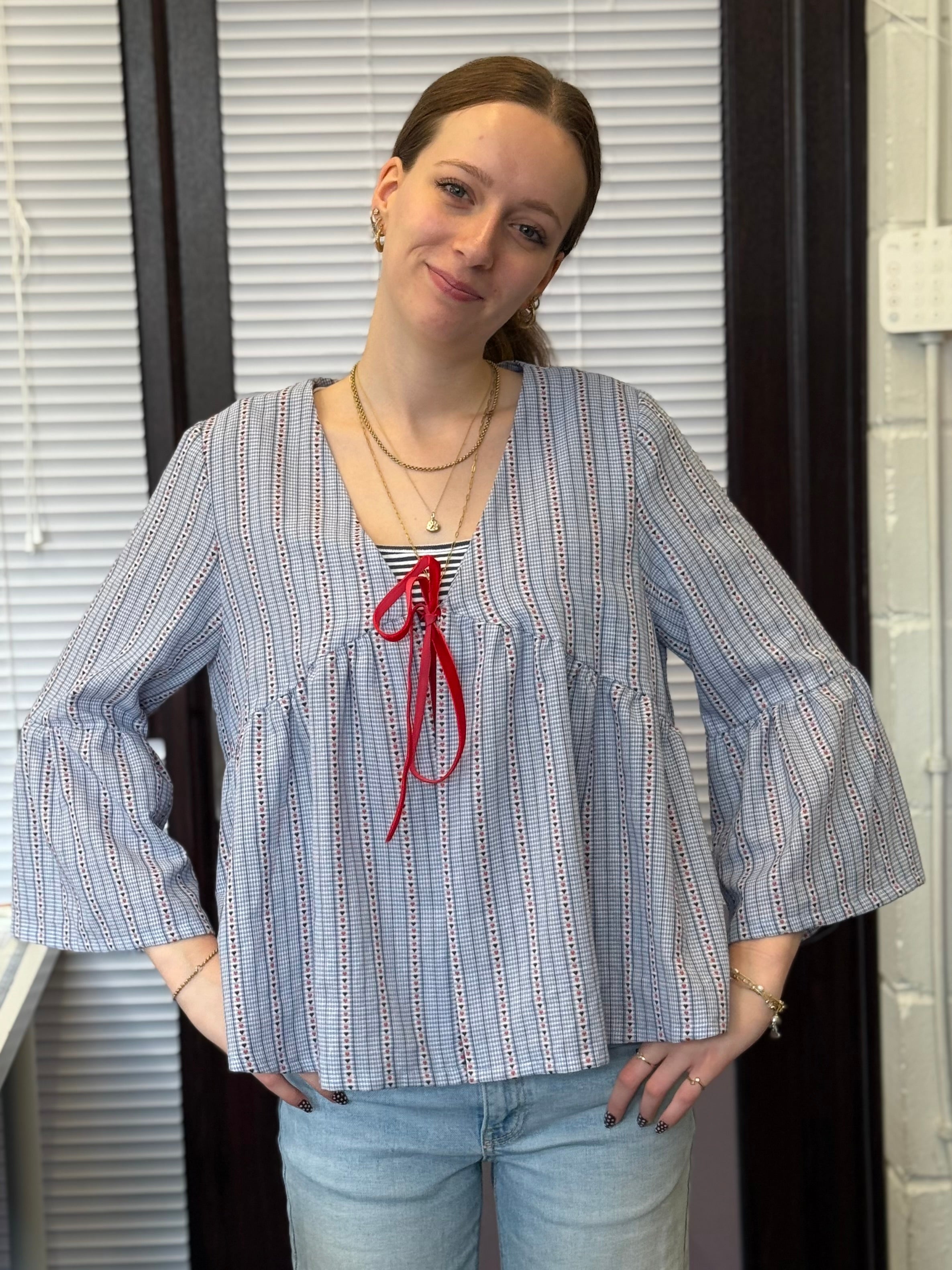 Sewing Kit - Cousette Castagnette Blouse in Light Blue with Hearts Gingham Cotton Jacquard