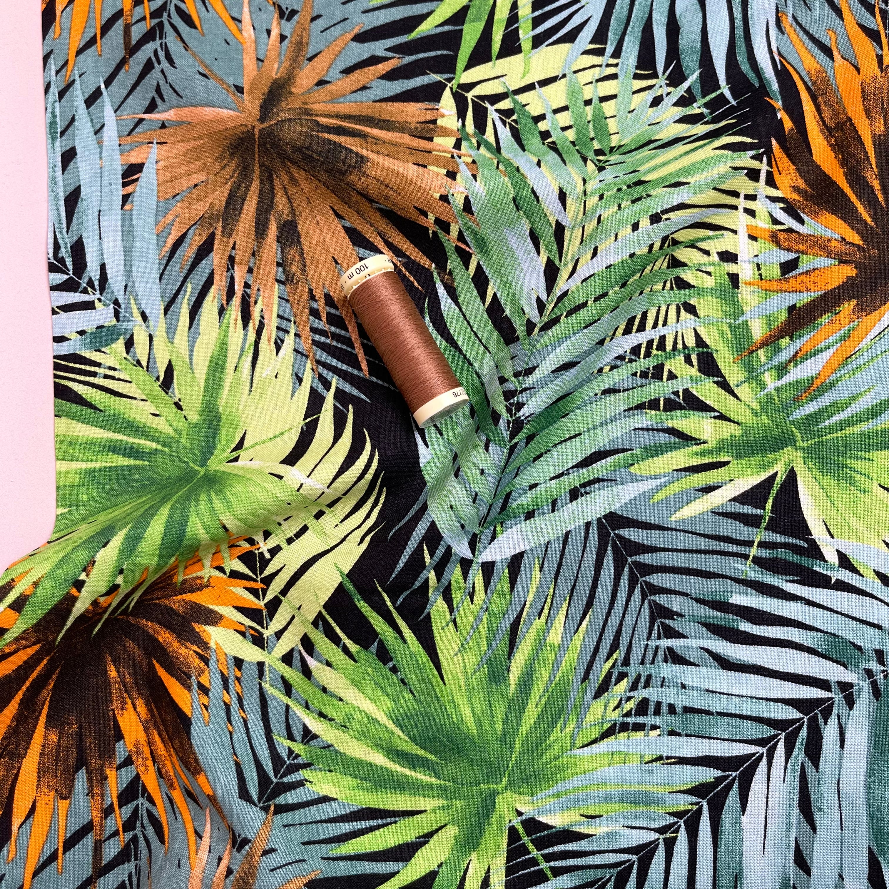 Tropical Fan Leaves in Green Viscose Linen Blend Fabric