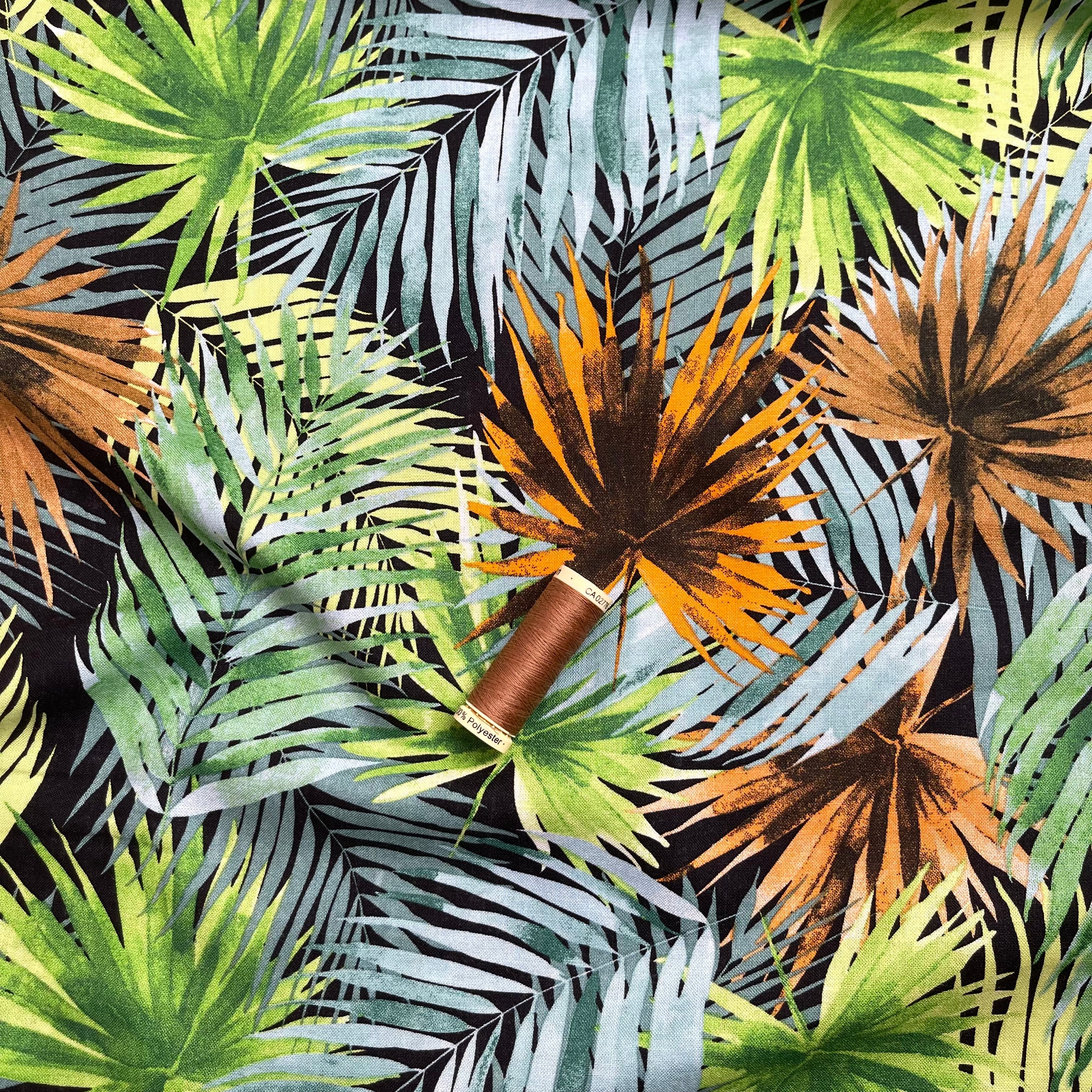 Tropical Fan Leaves in Green Viscose Linen Blend Fabric