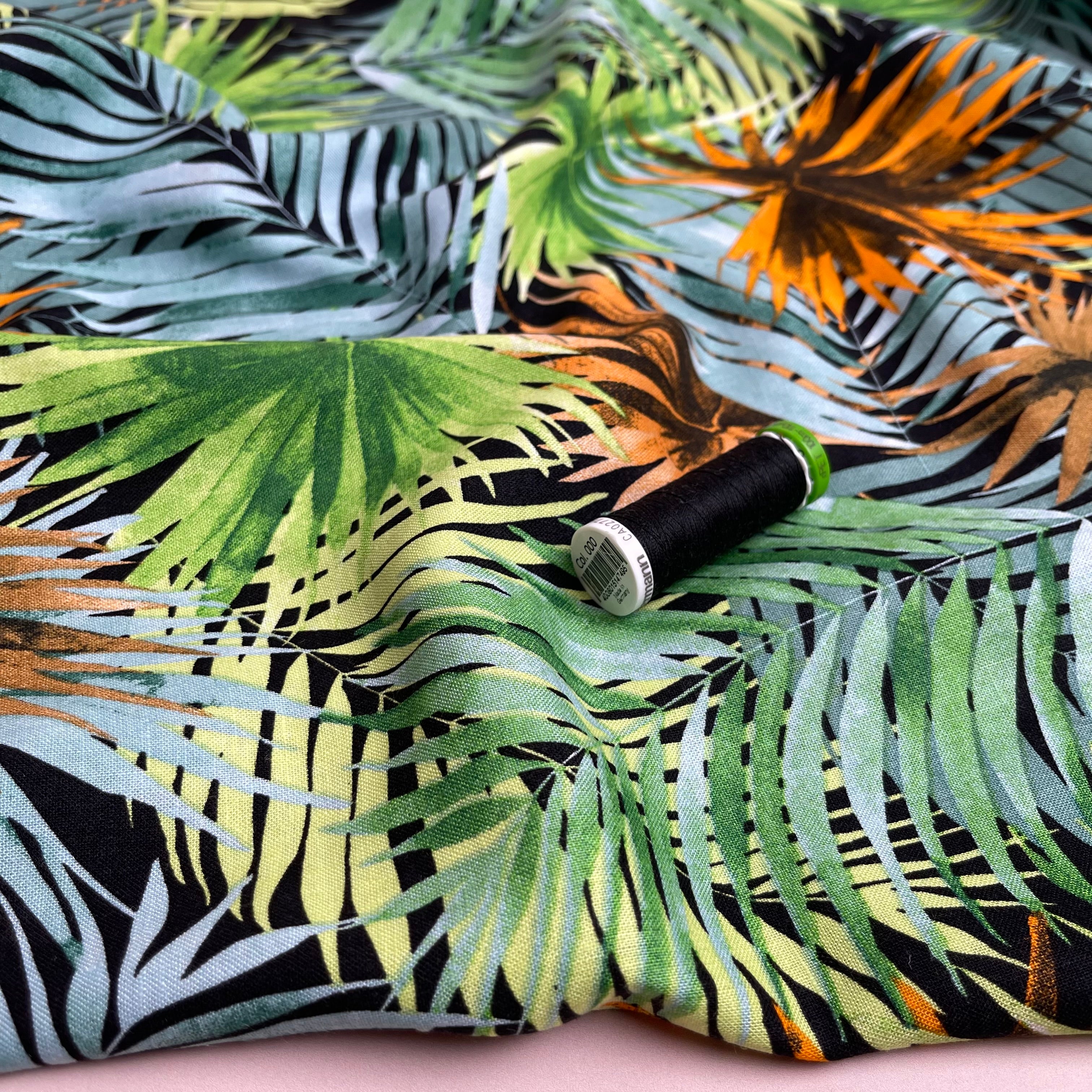 Tropical Fan Leaves in Green Viscose Linen Blend Fabric
