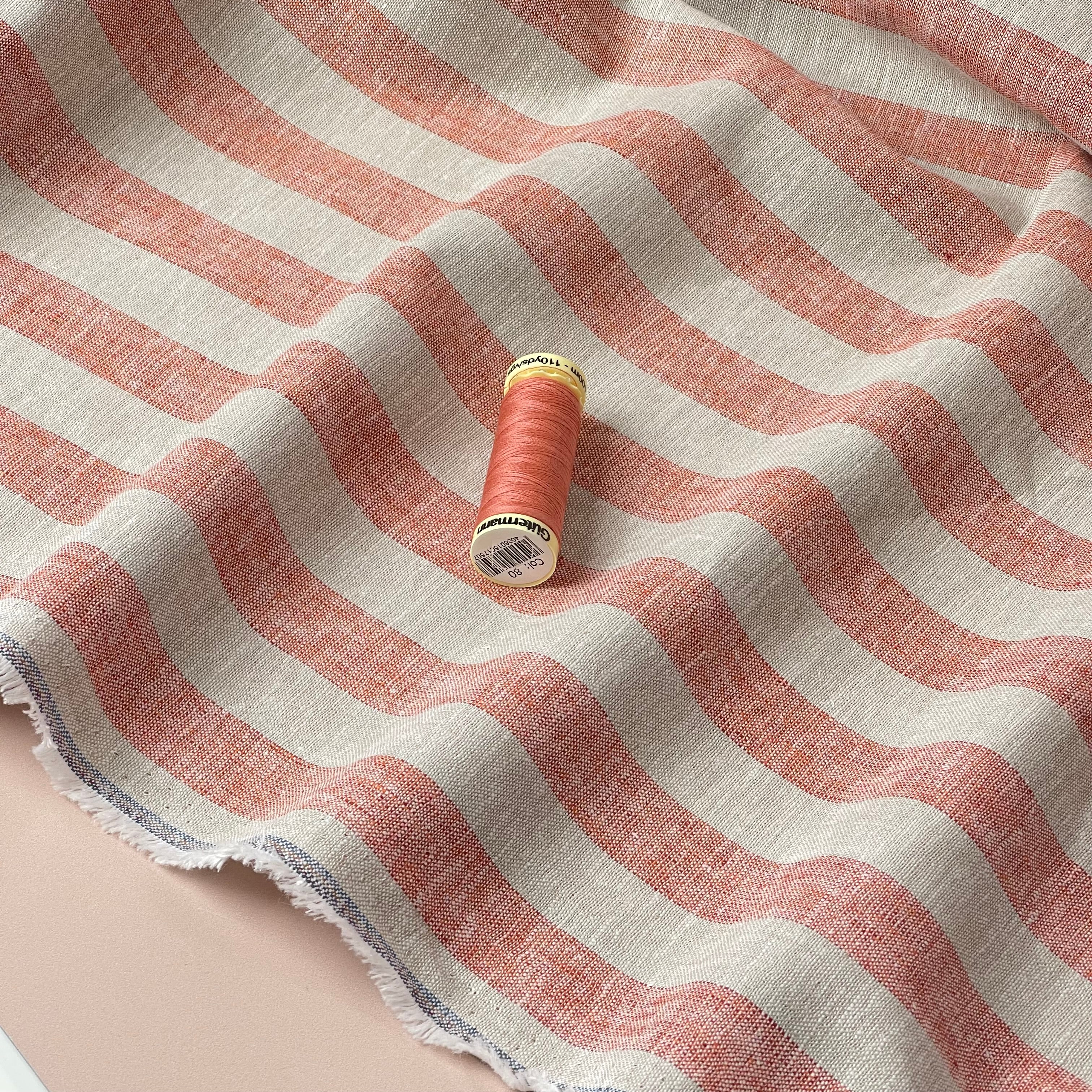 Wide Orange Stripes Yarn Dyed Melange Linen Cotton Fabric