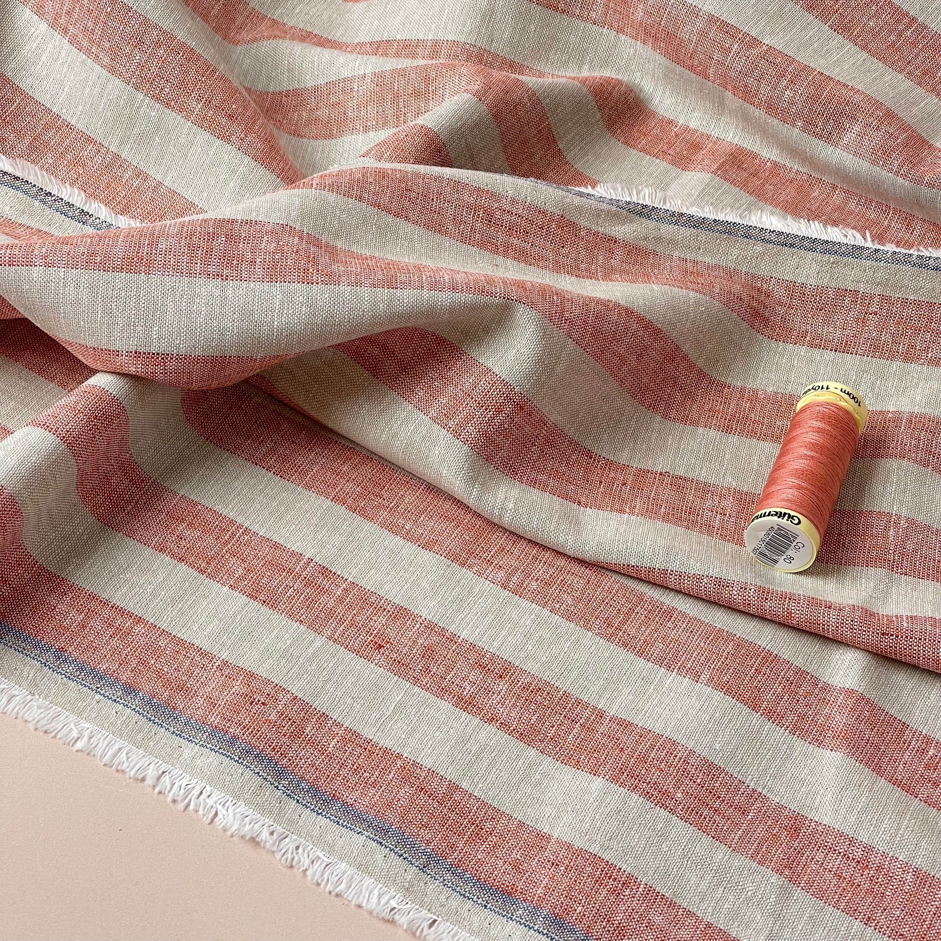 Wide Orange Stripes Yarn Dyed Melange Linen Cotton Fabric