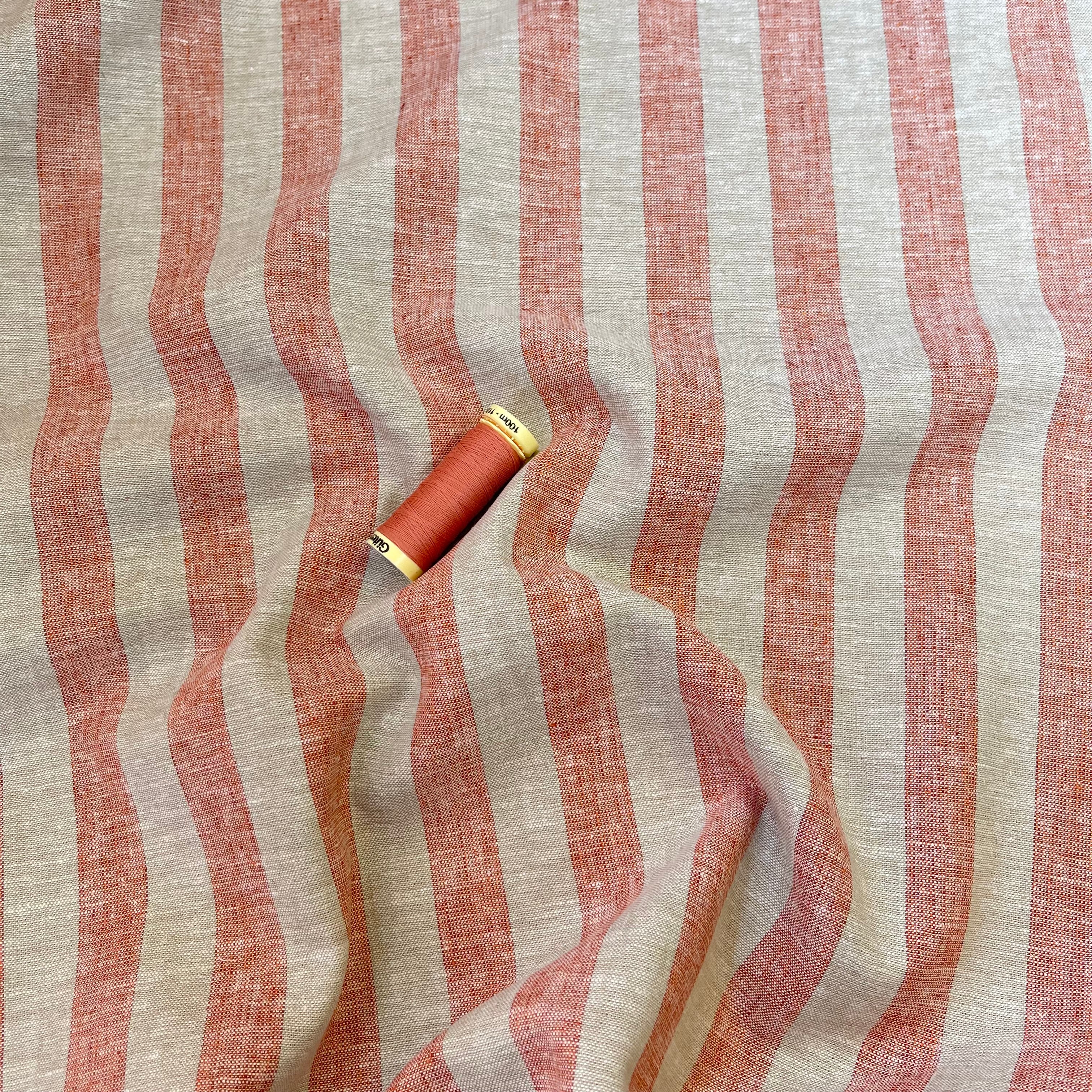 Wide Orange Stripes Yarn Dyed Melange Linen Cotton Fabric