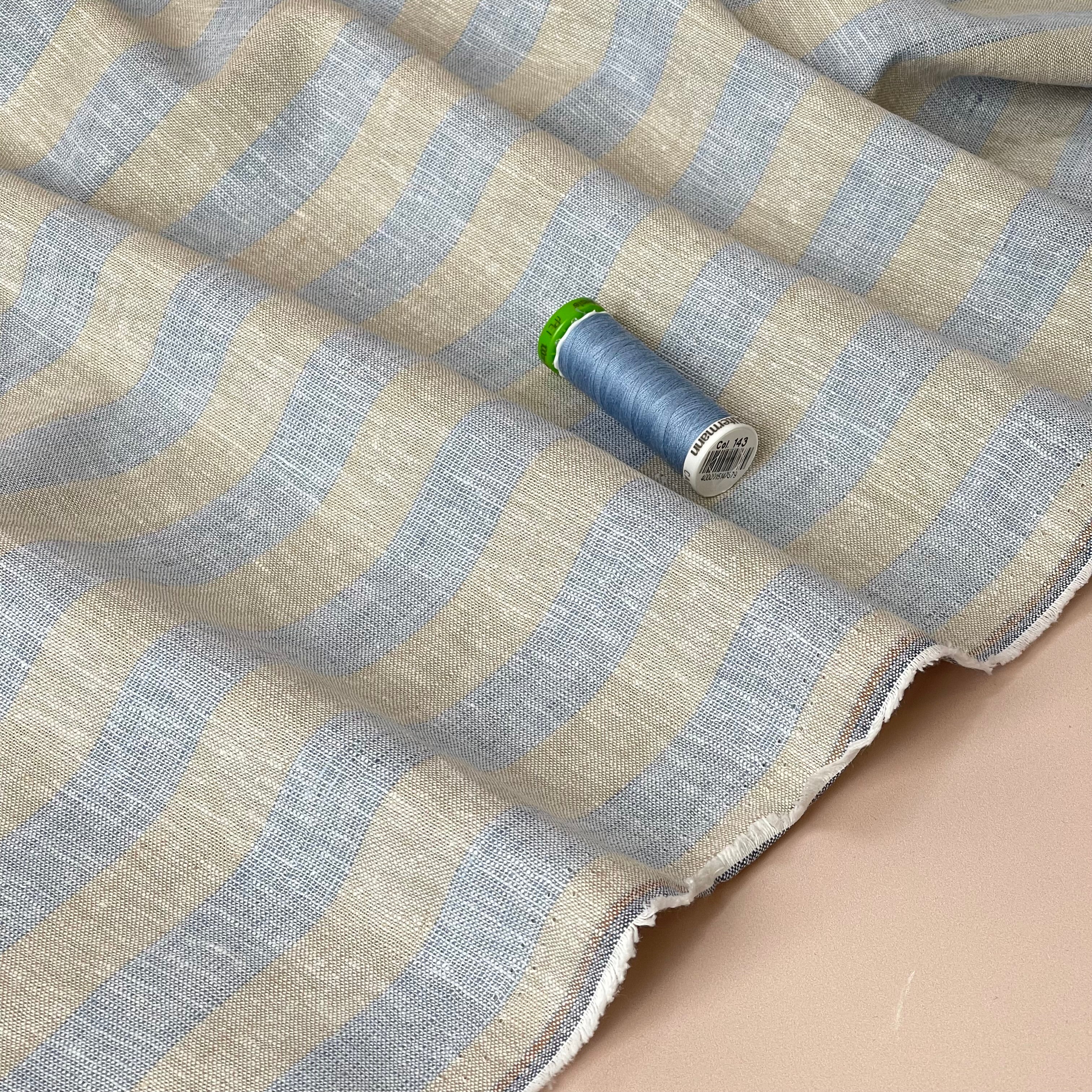 Wide Blue Stripes Yarn Dyed Melange Linen Cotton Fabric