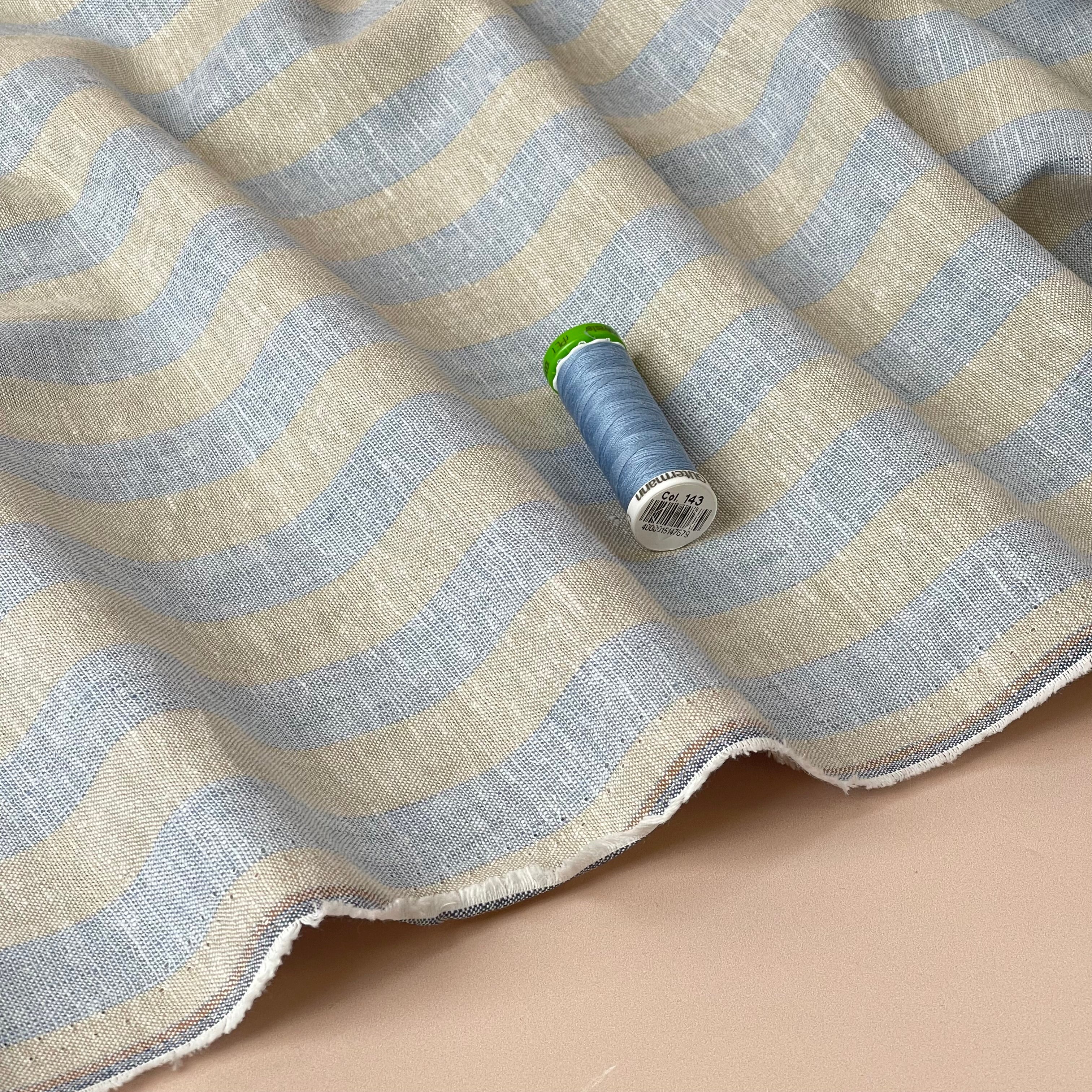 Wide Blue Stripes Yarn Dyed Melange Linen Cotton Fabric