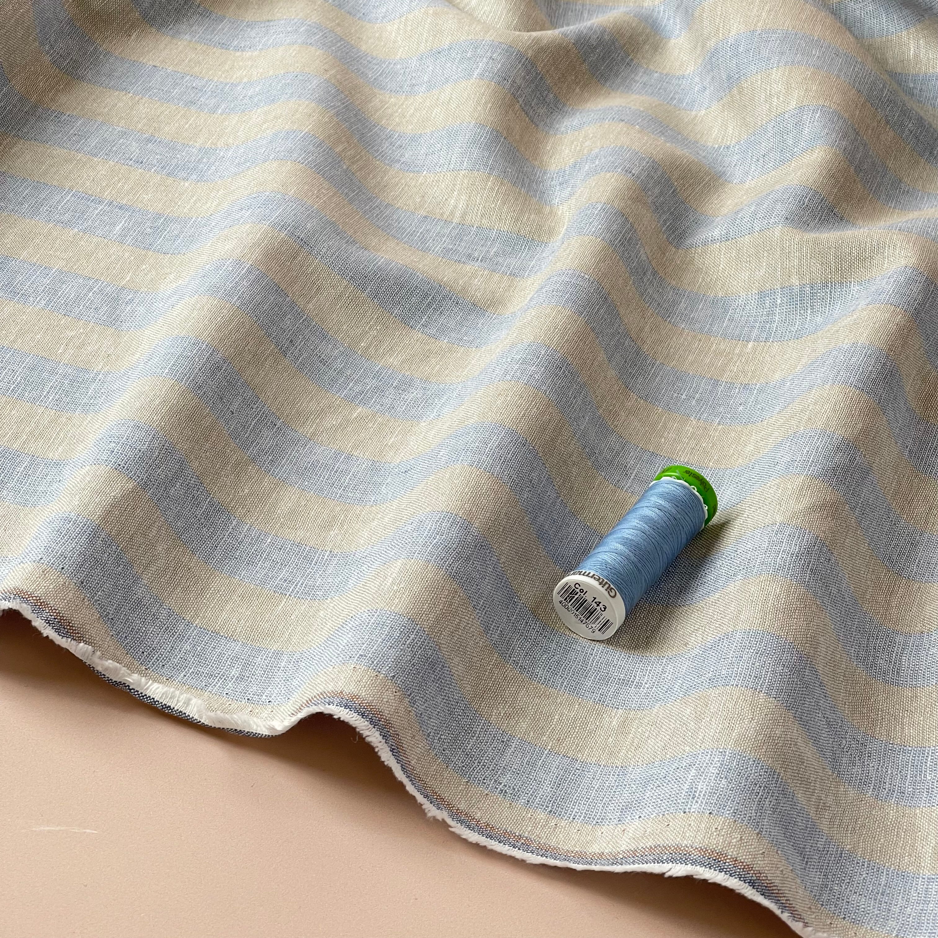 Wide Blue Stripes Yarn Dyed Melange Linen Cotton Fabric
