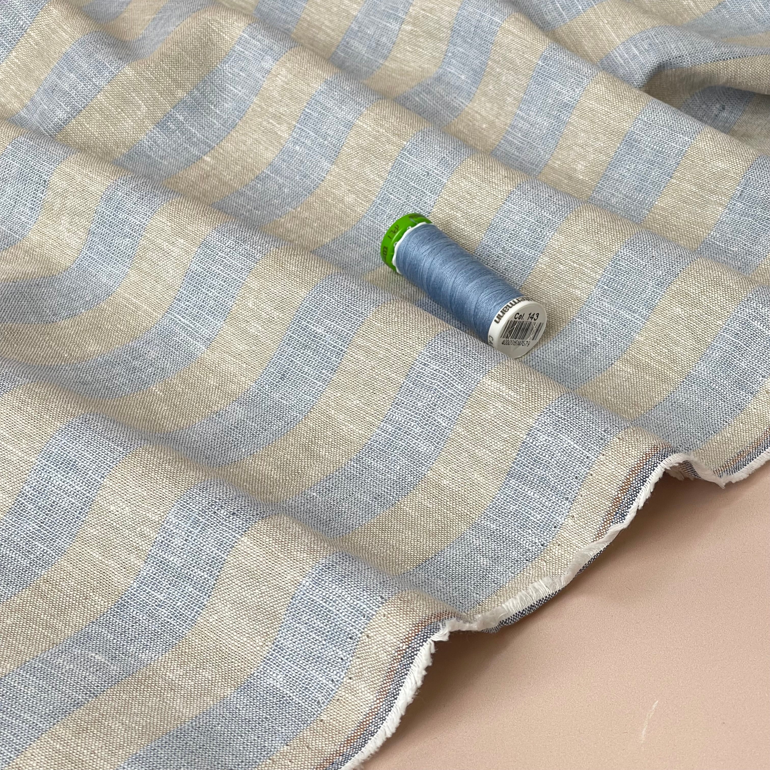Wide Blue Stripes Yarn Dyed Melange Linen Cotton Fabric