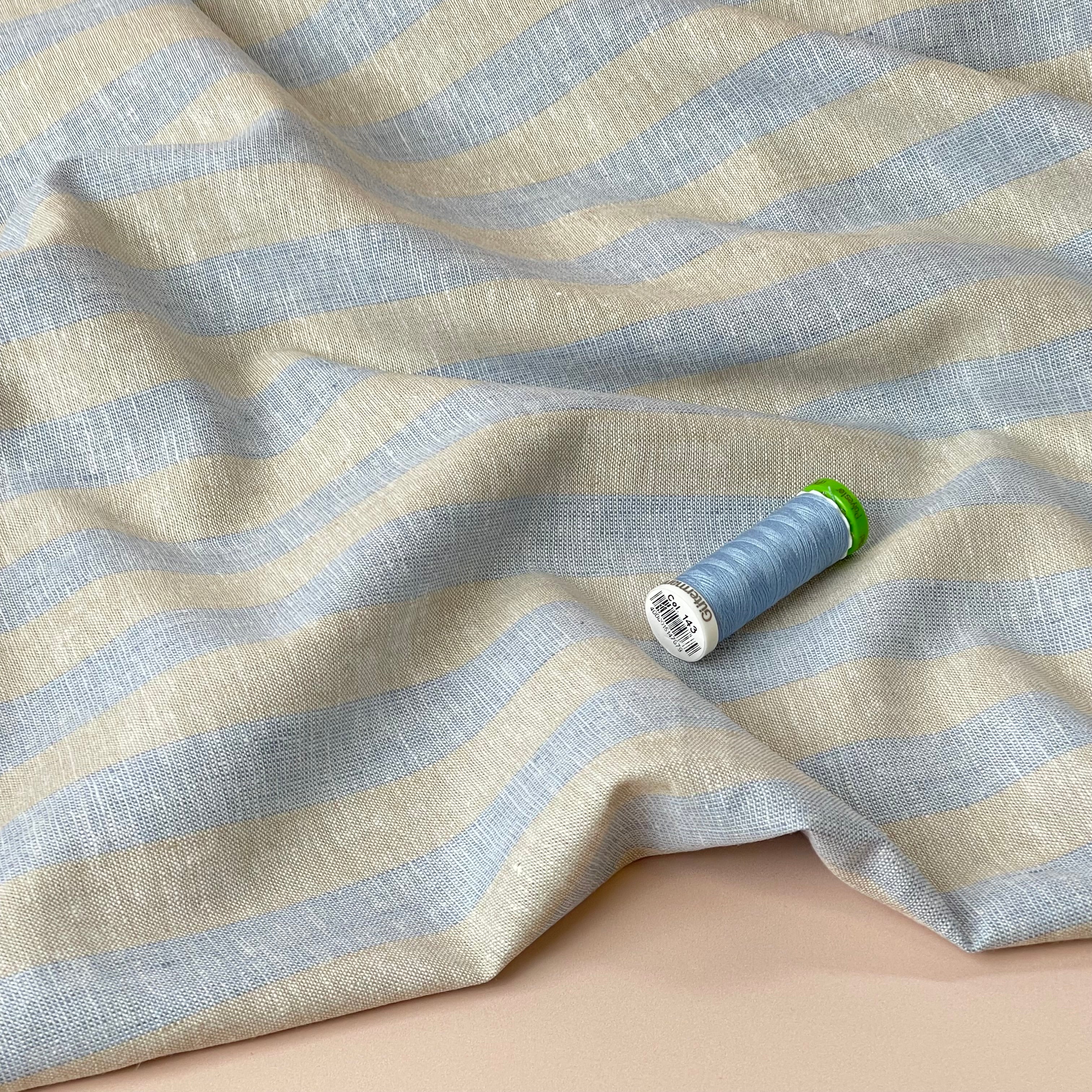 Wide Blue Stripes Yarn Dyed Melange Linen Cotton Fabric
