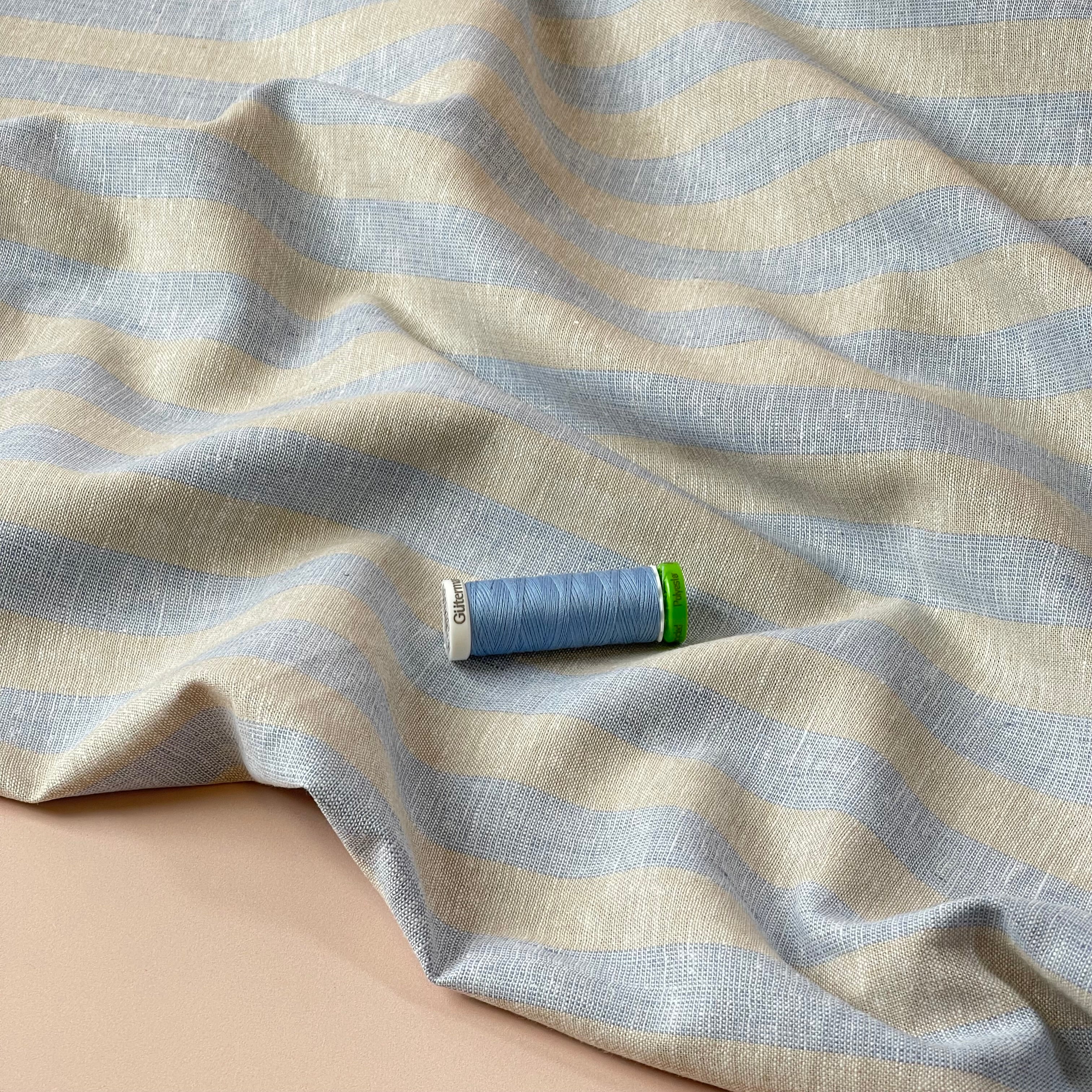 Wide Blue Stripes Yarn Dyed Melange Linen Cotton Fabric