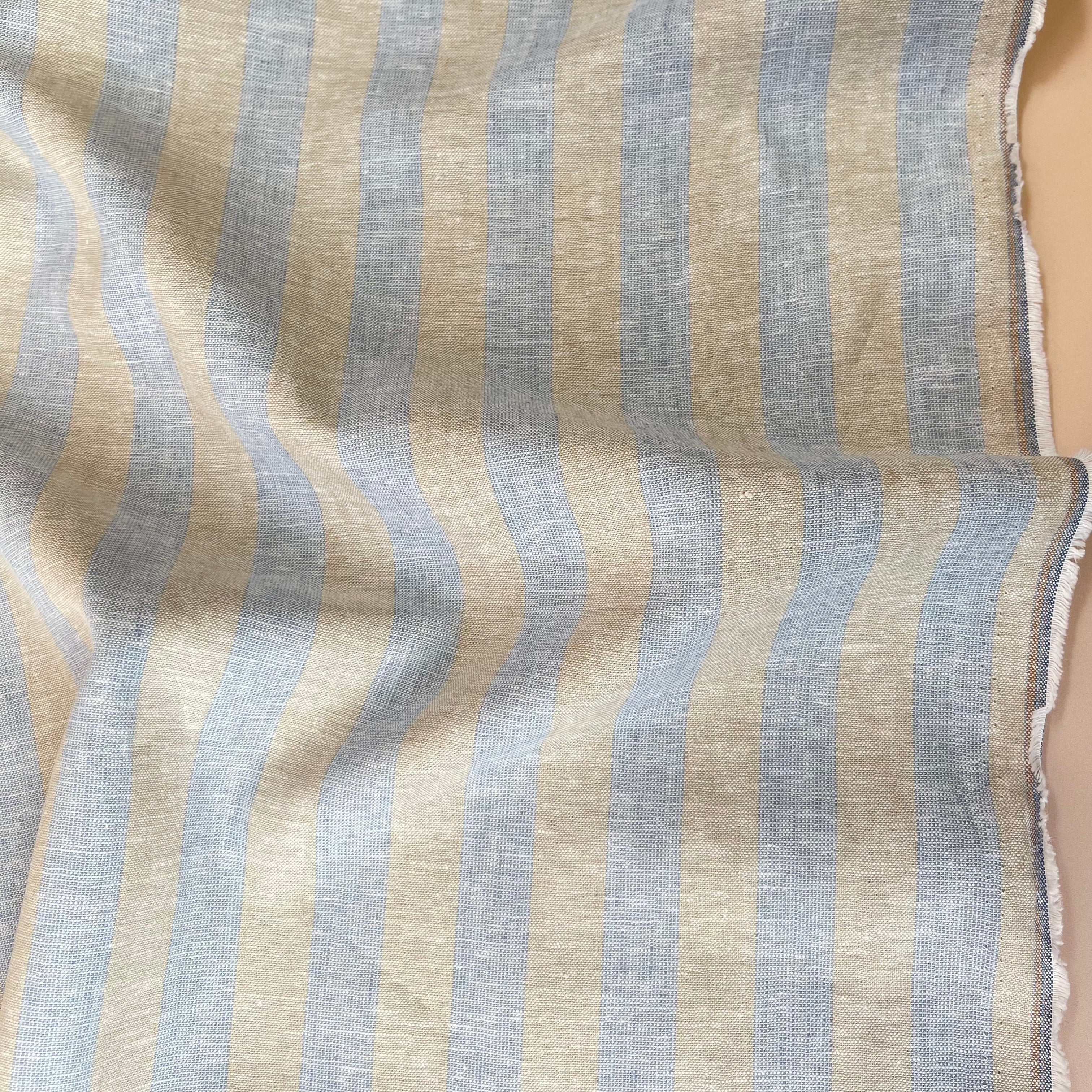 Wide Blue Stripes Yarn Dyed Melange Linen Cotton Fabric