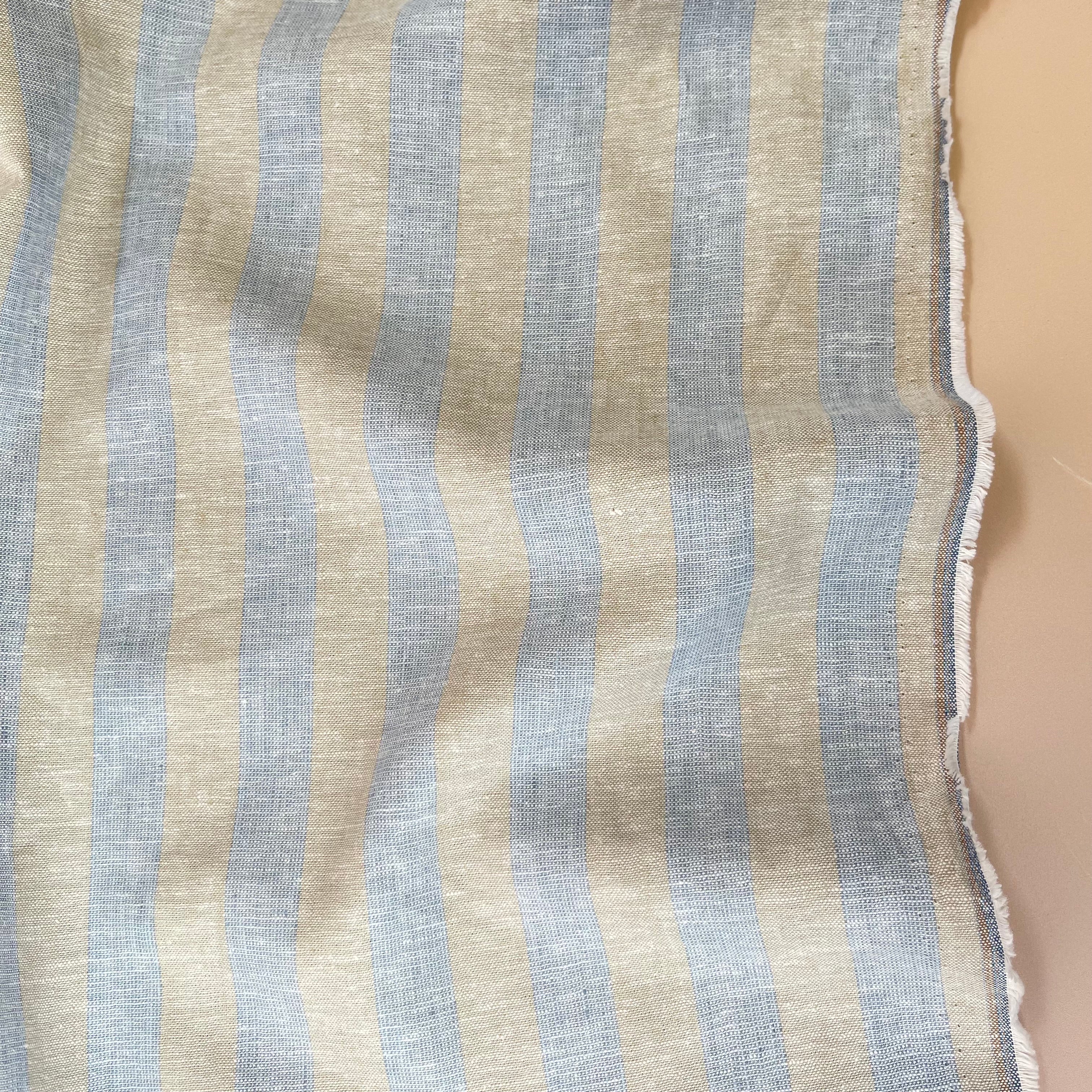 Wide Blue Stripes Yarn Dyed Melange Linen Cotton Fabric