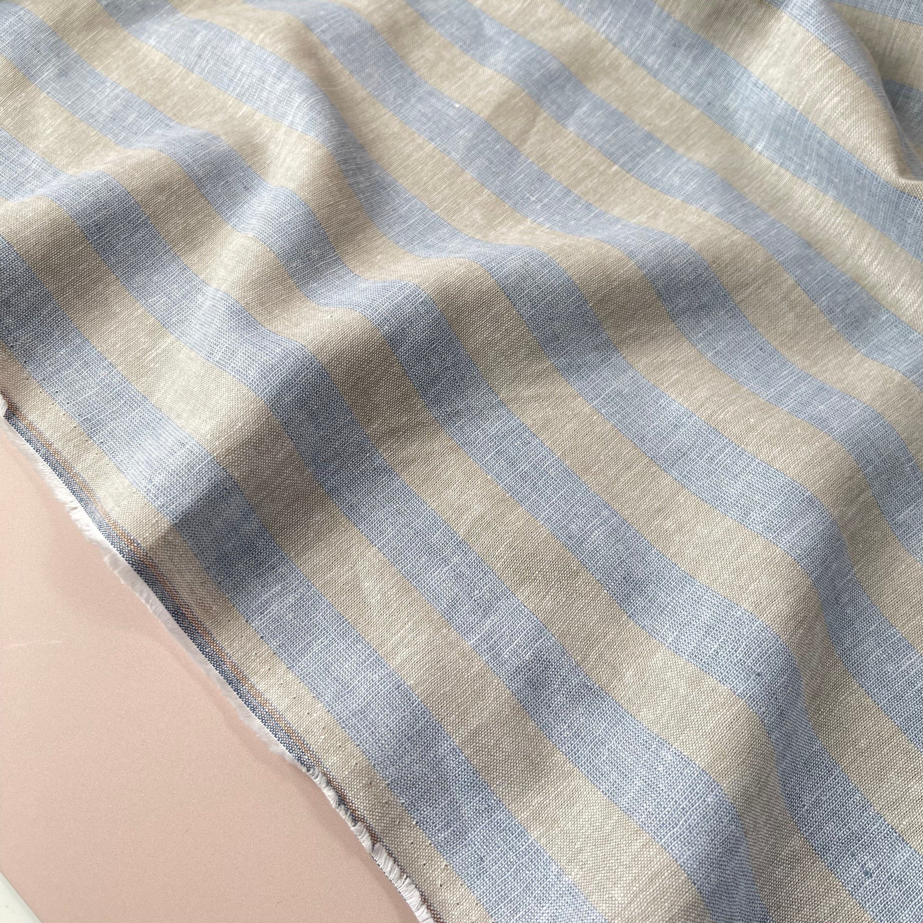 Wide Blue Stripes Yarn Dyed Melange Linen Cotton Fabric