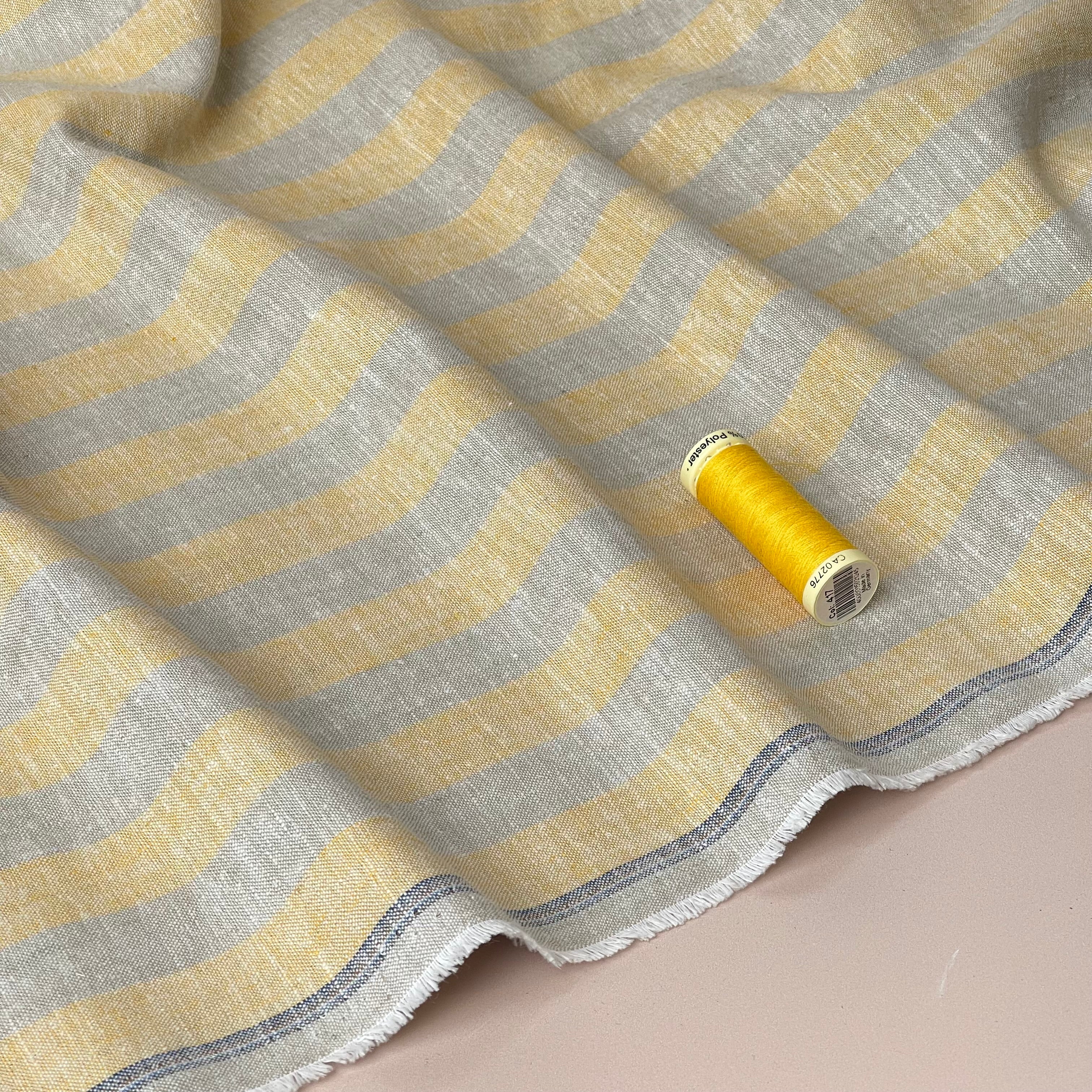Wide Yellow Stripes Yarn Dyed Melange Linen Cotton Fabric