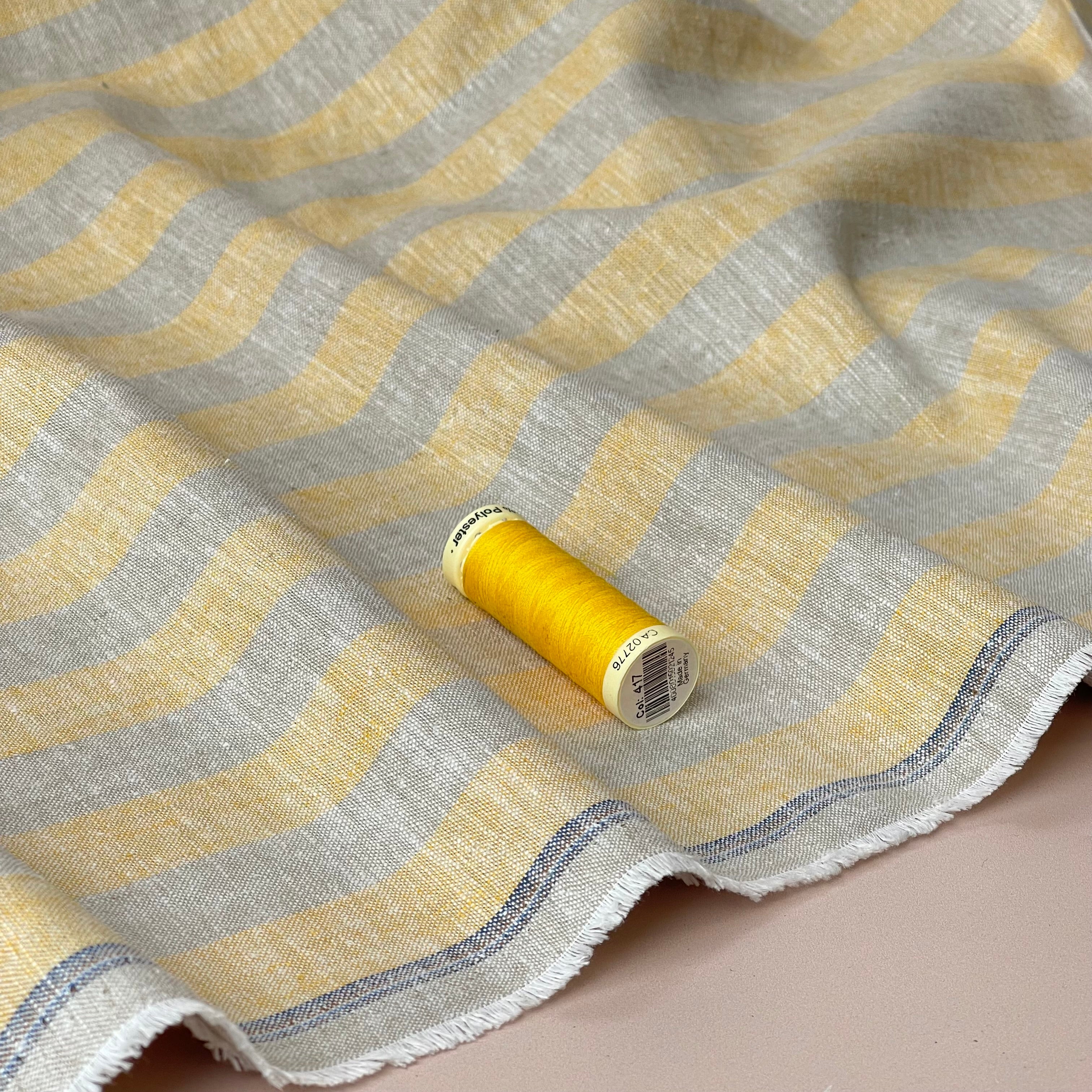 Wide Yellow Stripes Yarn Dyed Melange Linen Cotton Fabric
