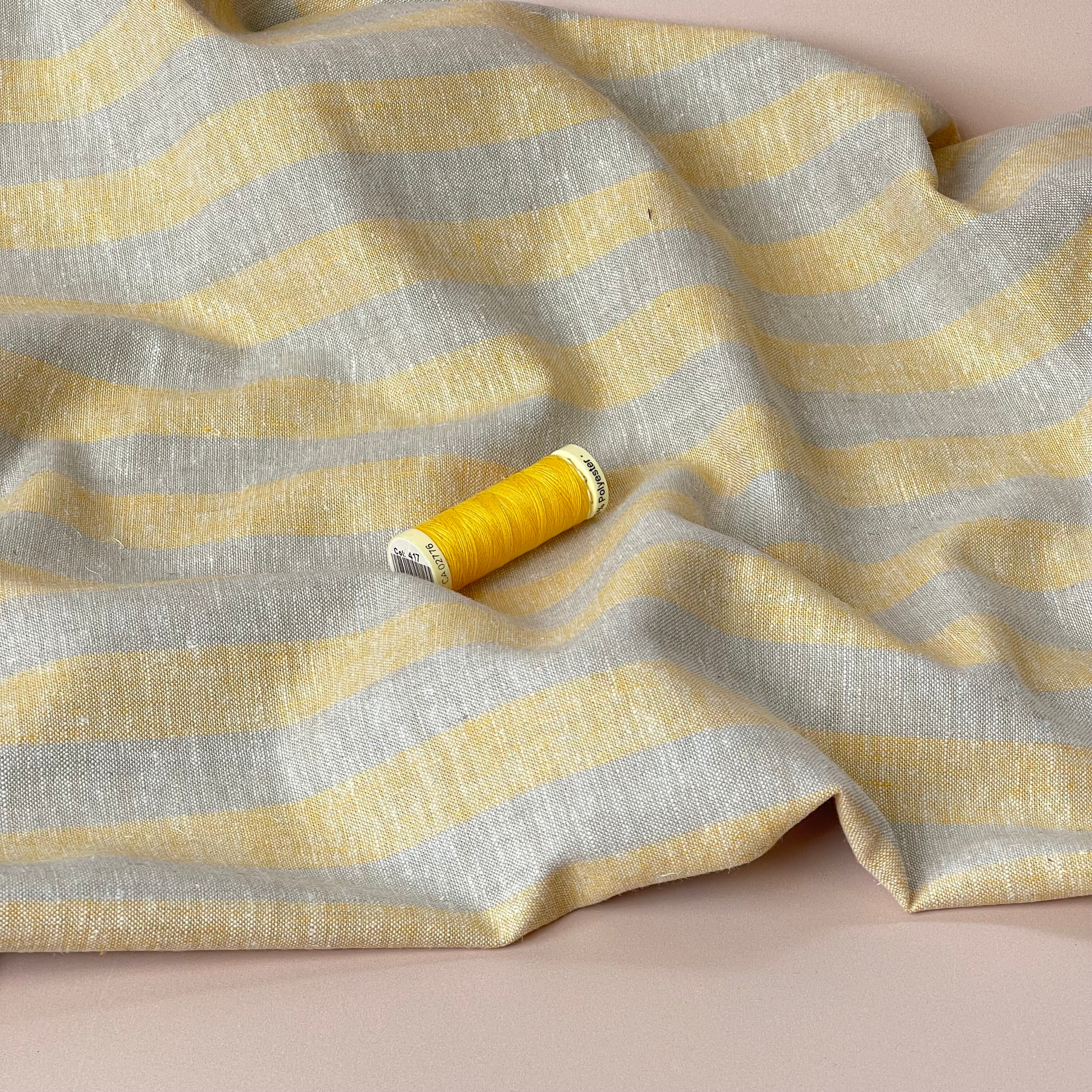 Wide Yellow Stripes Yarn Dyed Melange Linen Cotton Fabric