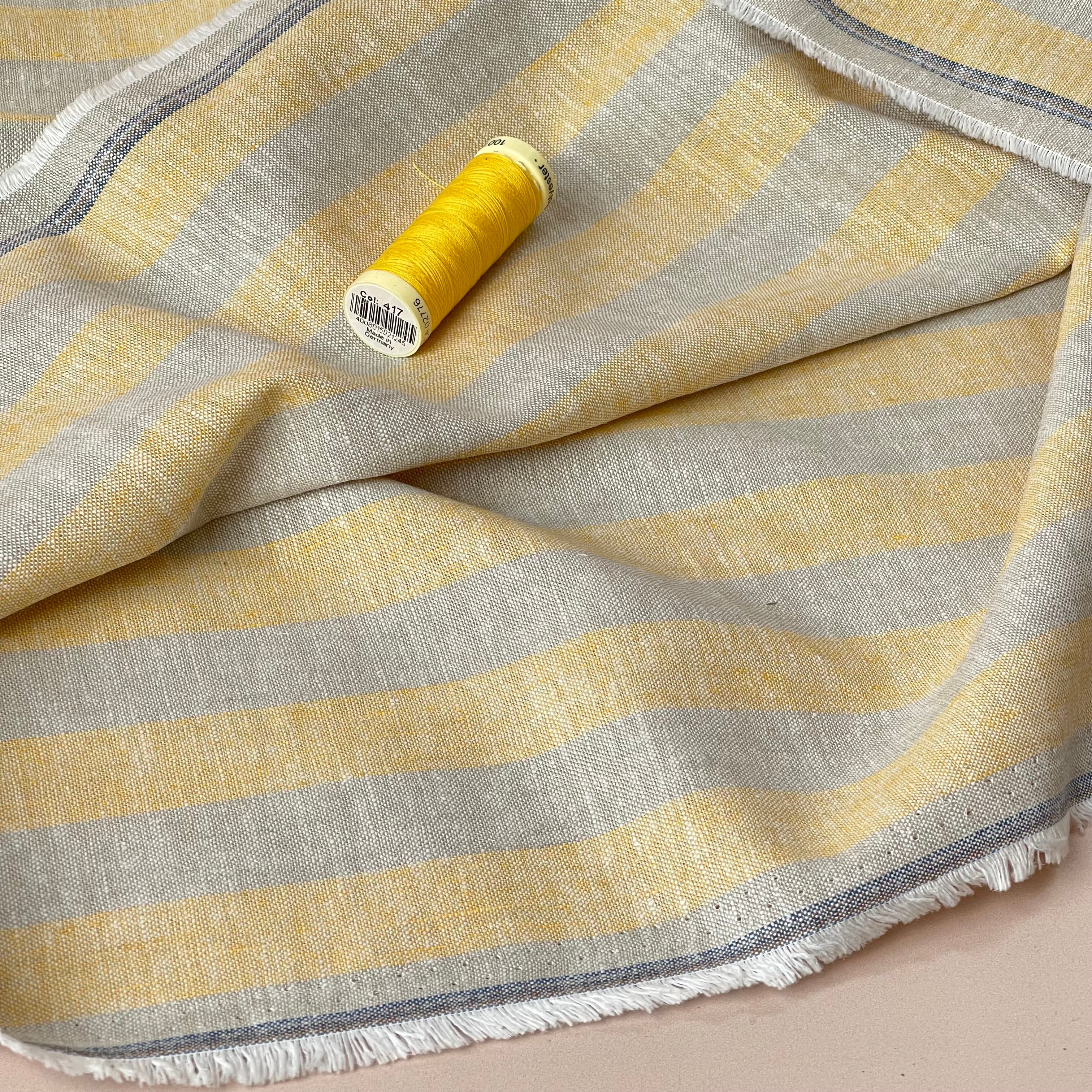 Wide Yellow Stripes Yarn Dyed Melange Linen Cotton Fabric
