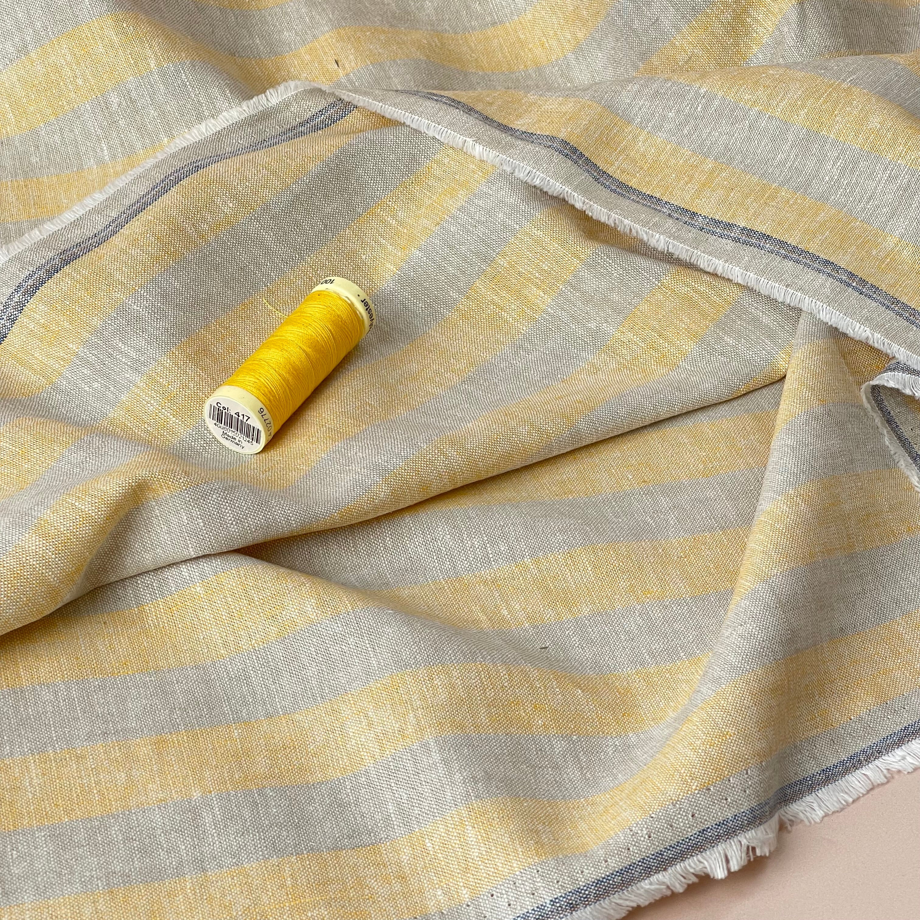 Wide Yellow Stripes Yarn Dyed Melange Linen Cotton Fabric