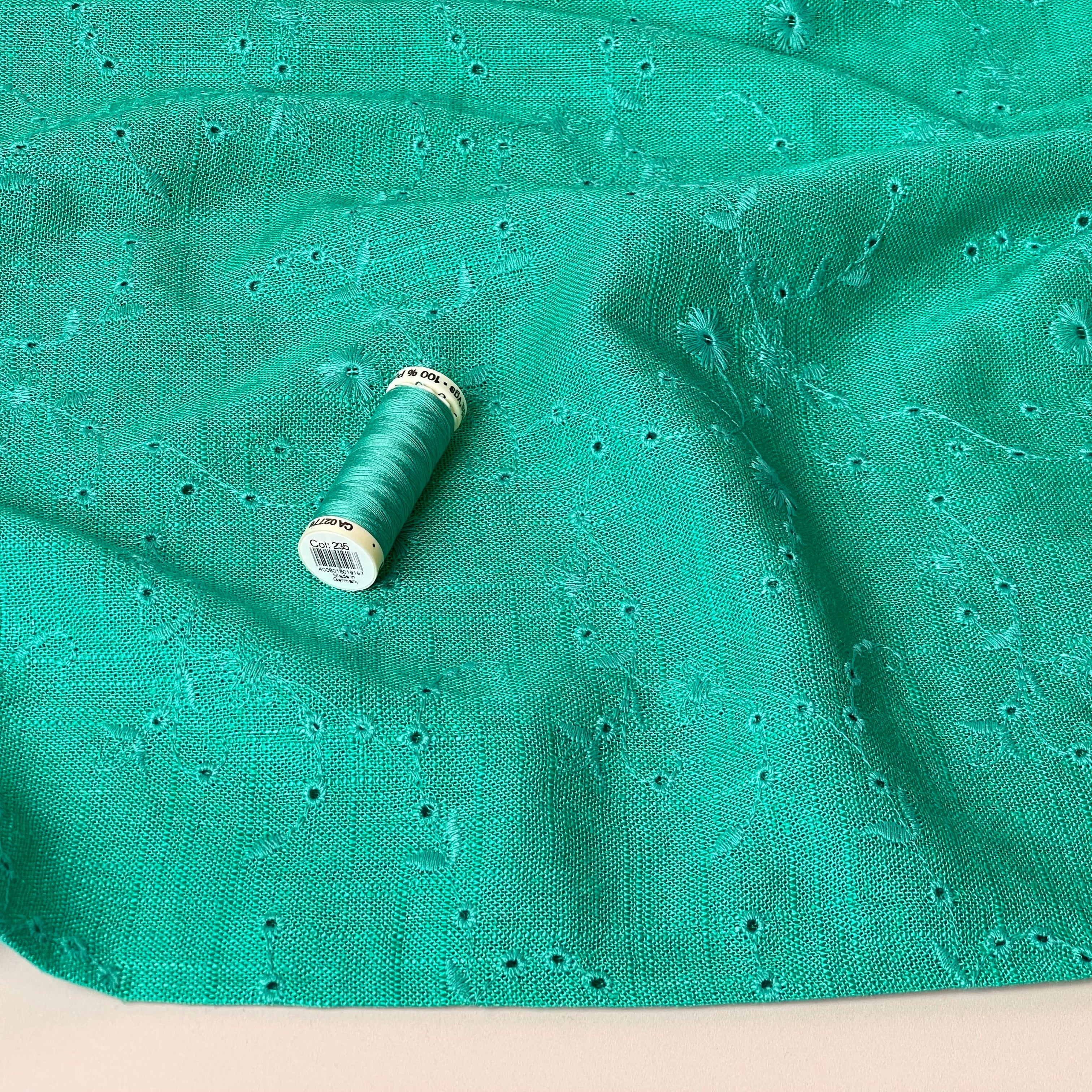 Floral Vines on Emerald Embroidered Viscose Linen Fabric