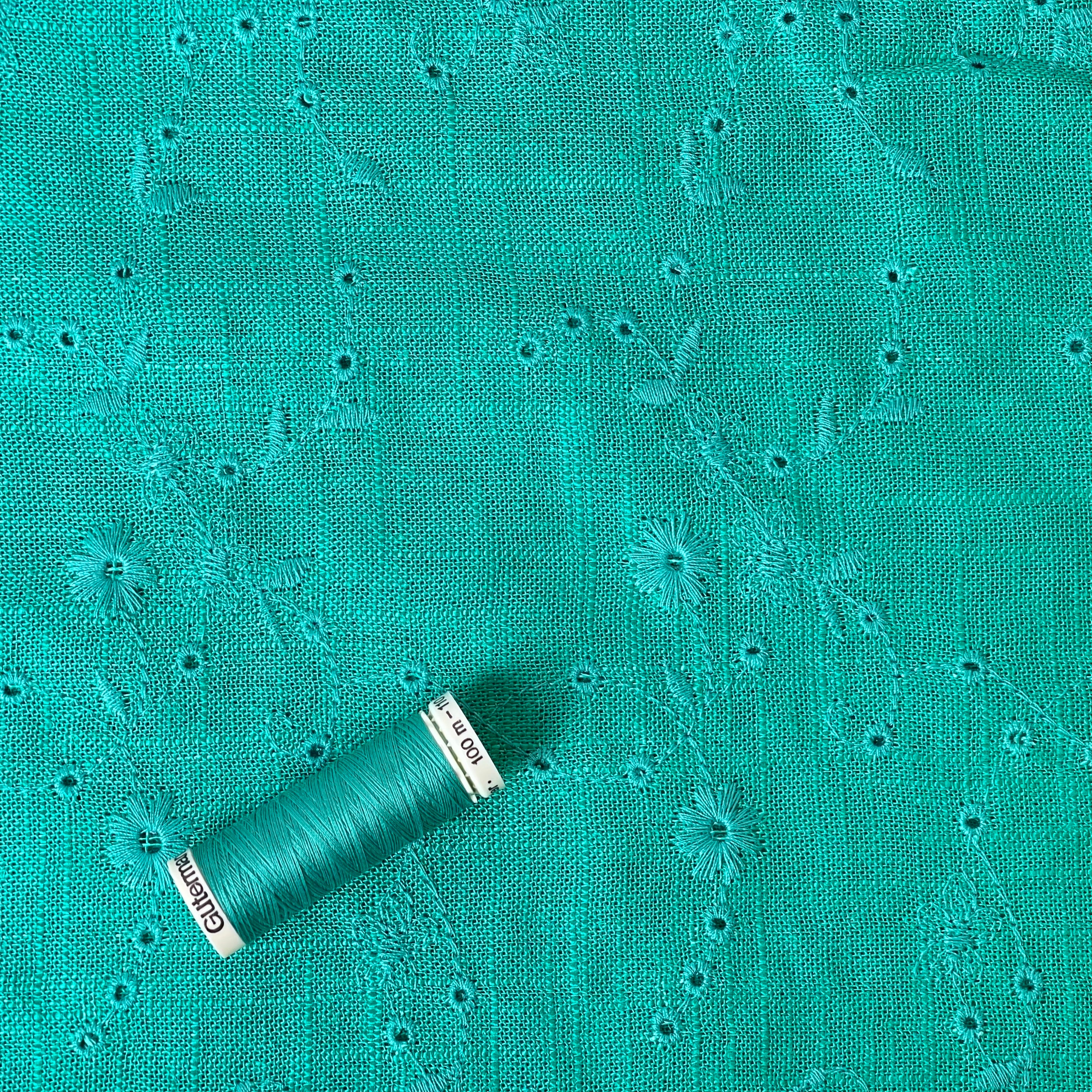 Floral Vines on Emerald Embroidered Viscose Linen Fabric