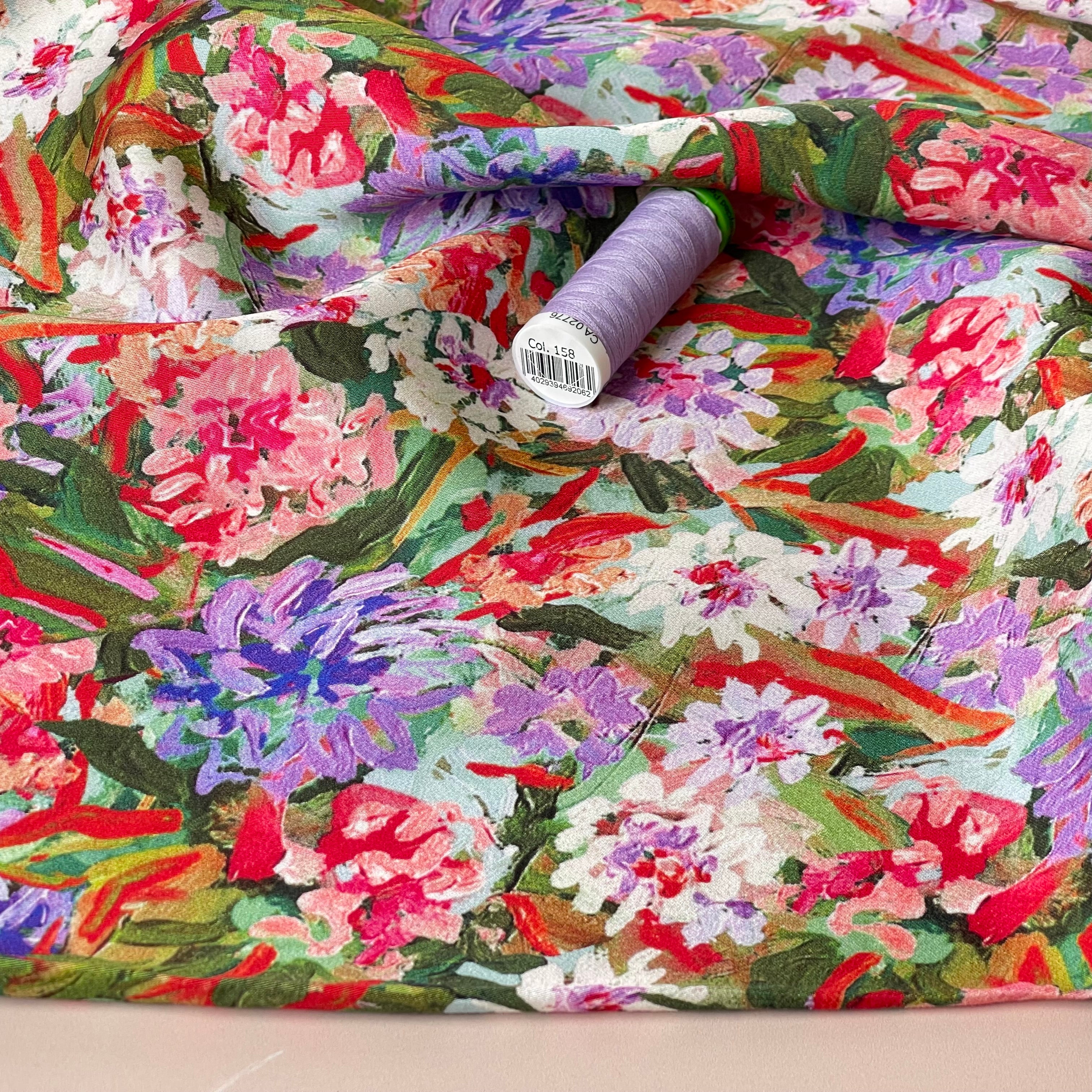 REMNANT 2.10 Metres - Painterly Dahlias Viscose Sateen Fabric