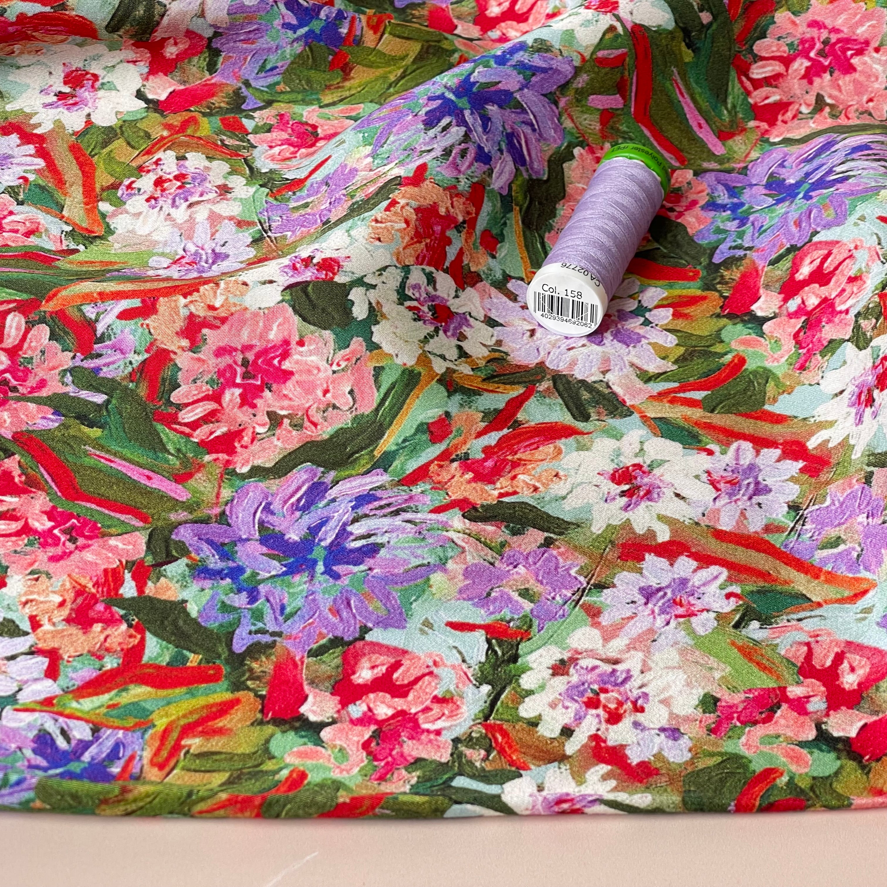 REMNANT 2.10 Metres - Painterly Dahlias Viscose Sateen Fabric