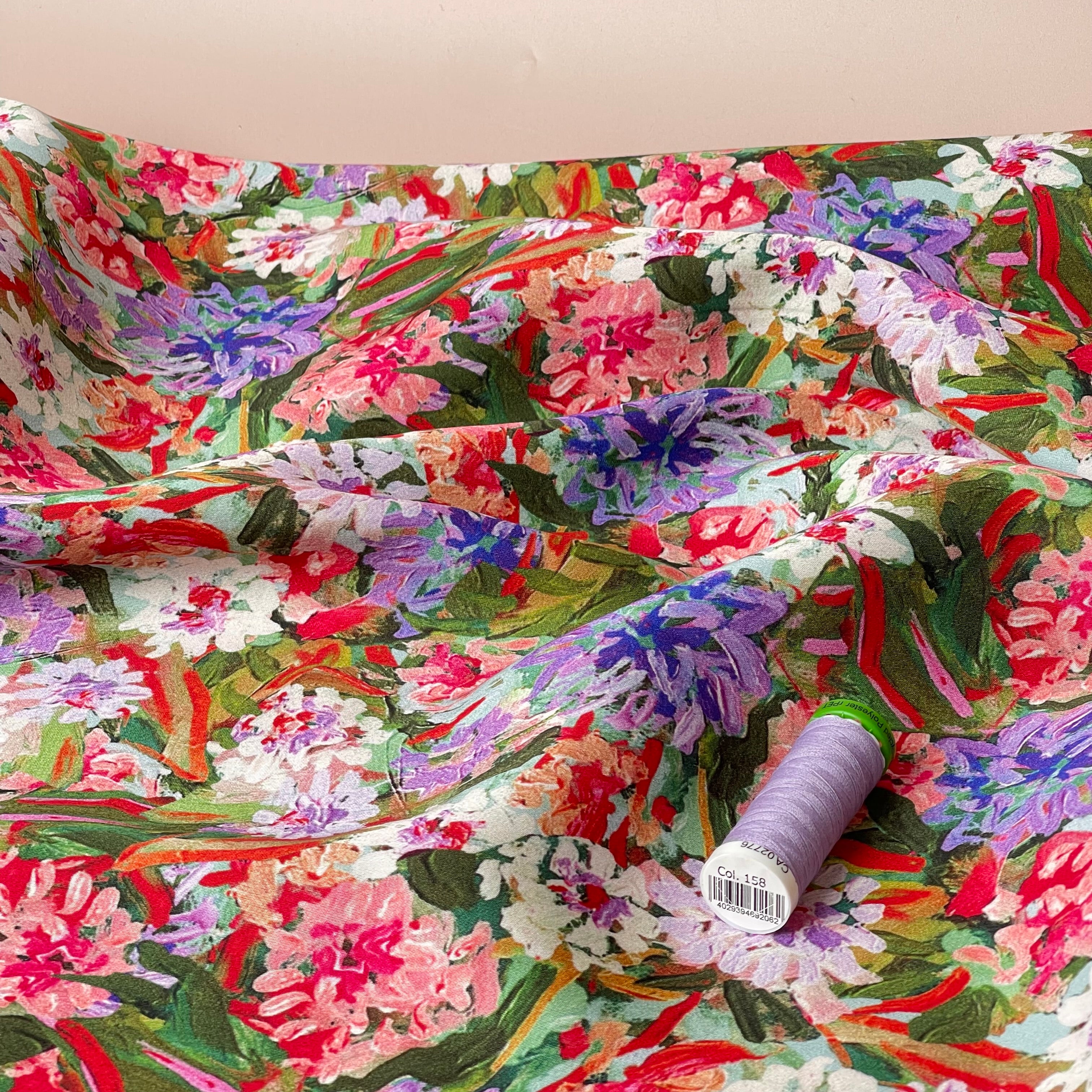 REMNANT 2.10 Metres - Painterly Dahlias Viscose Sateen Fabric