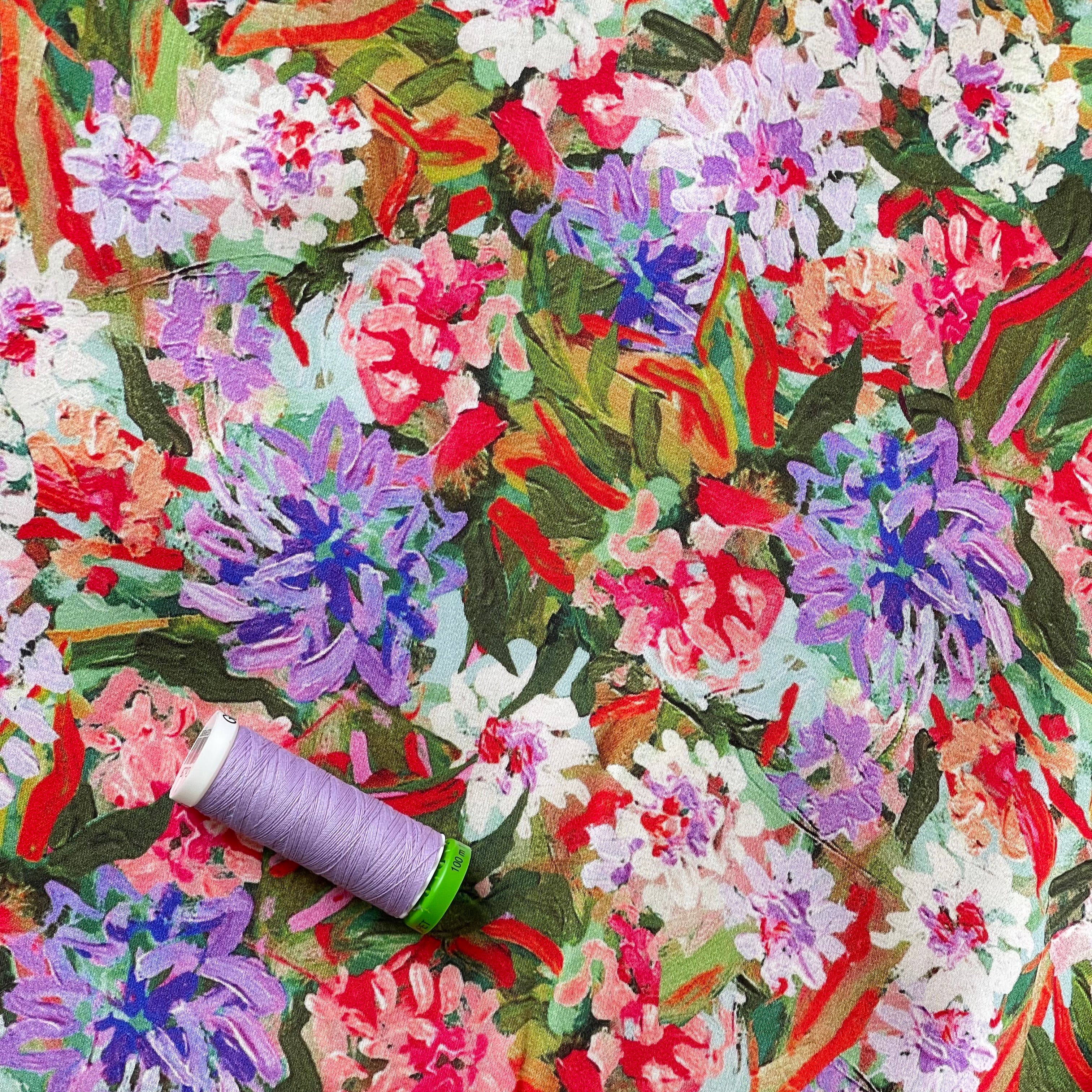 REMNANT 2.10 Metres - Painterly Dahlias Viscose Sateen Fabric
