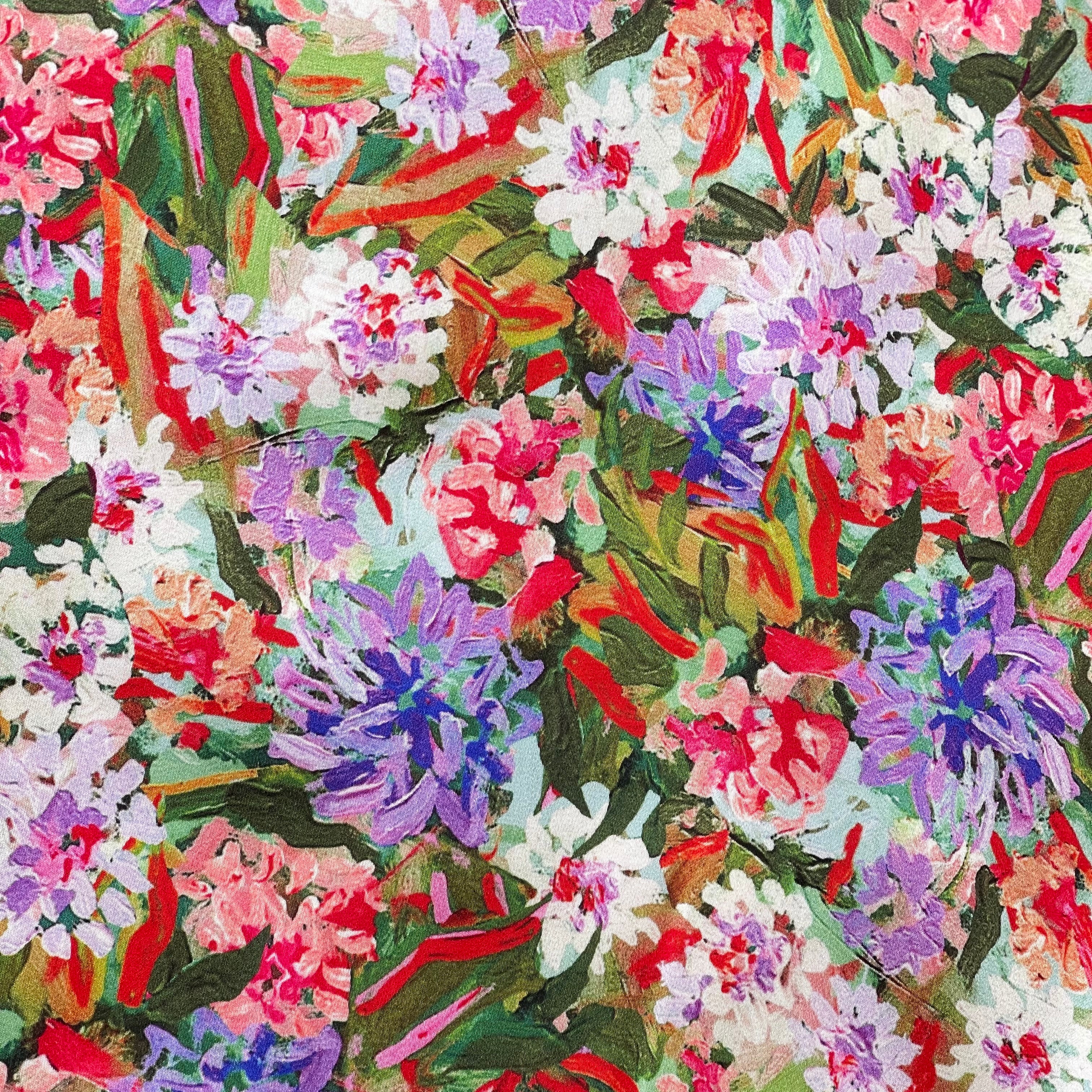 REMNANT 2.10 Metres - Painterly Dahlias Viscose Sateen Fabric
