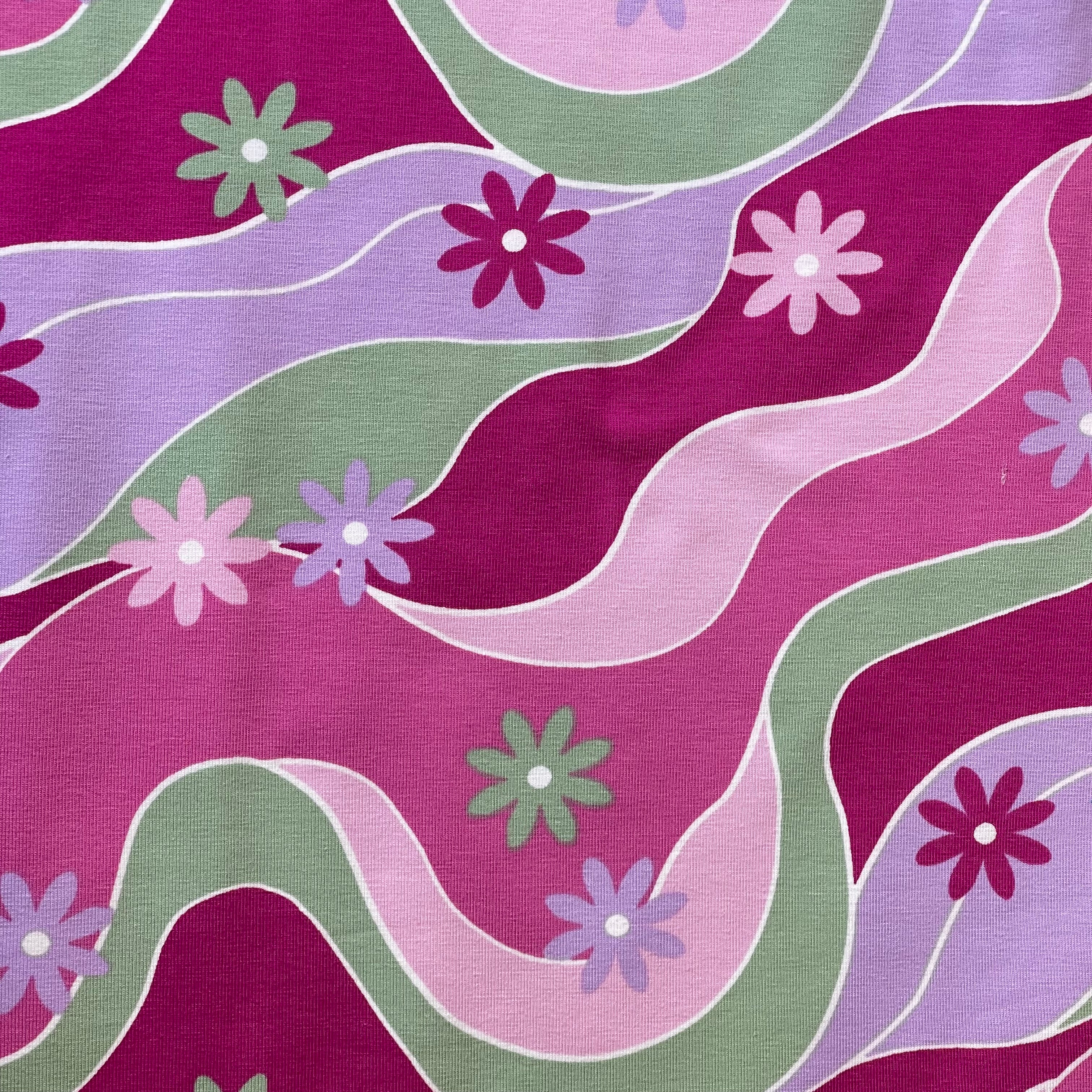 Retro Daisies on Pink Cotton Jersey Fabric