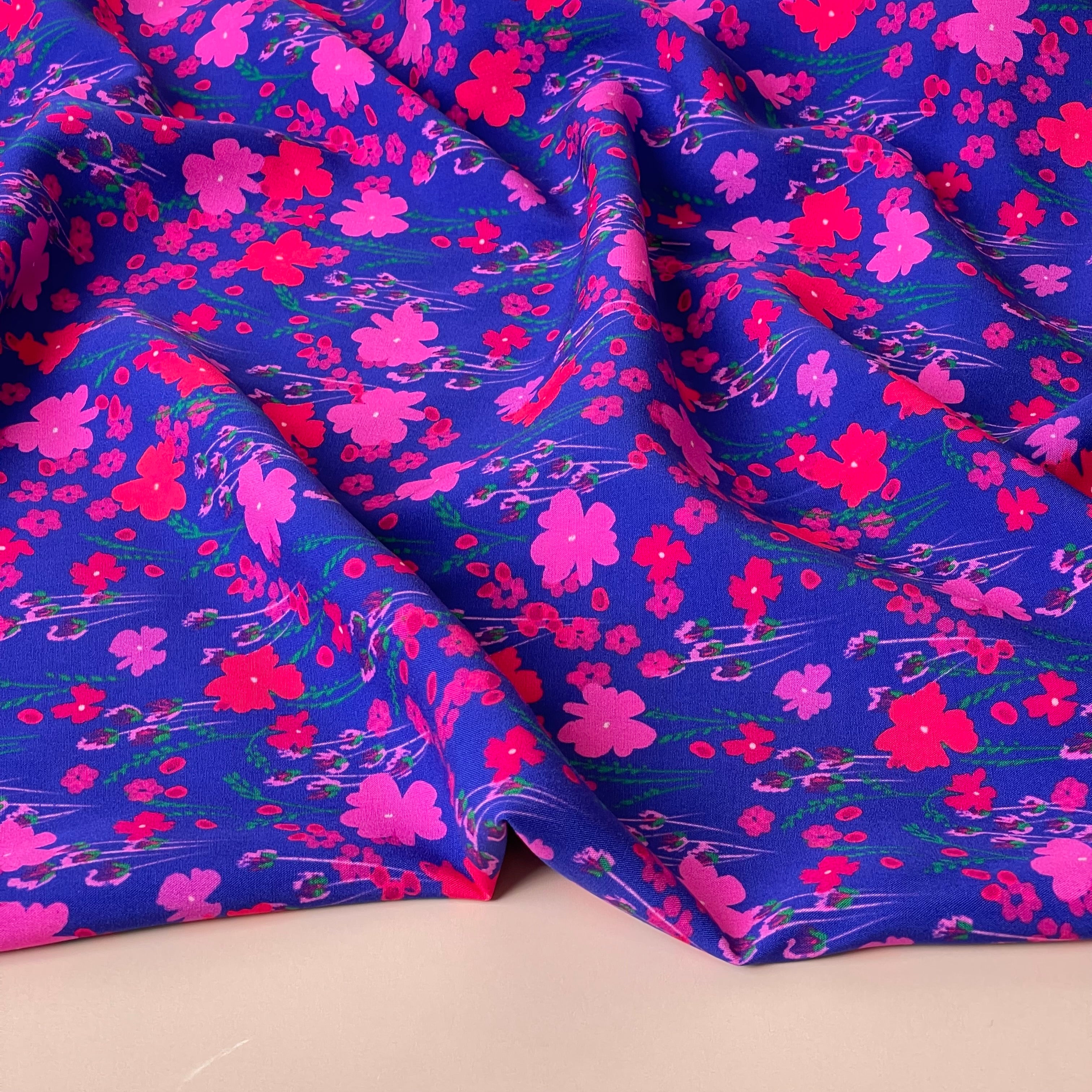 Pink Flowers on Blue LENZING™ ECOVERO™ Viscose Fabric